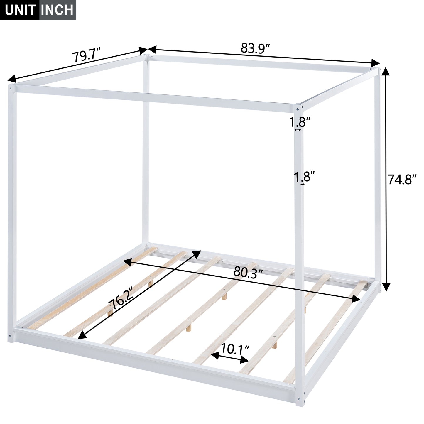 White metal canopy bed frame with slatted base dimensions displayed