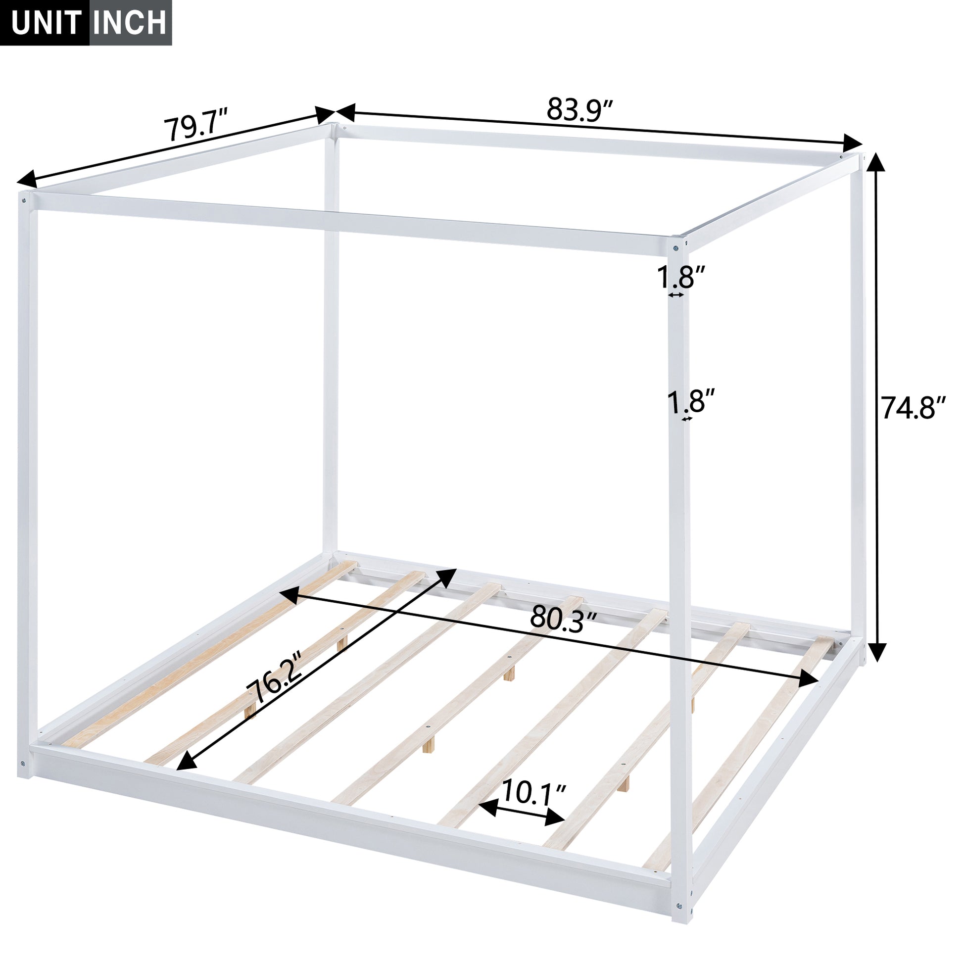 White metal canopy bed frame with slatted base dimensions displayed