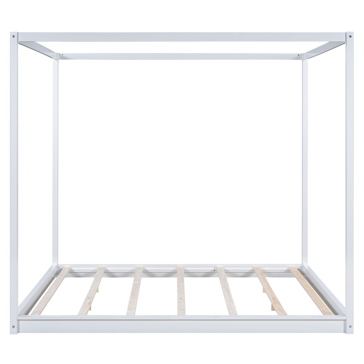 White metal fourposter bed frame with wooden slats for mattress support