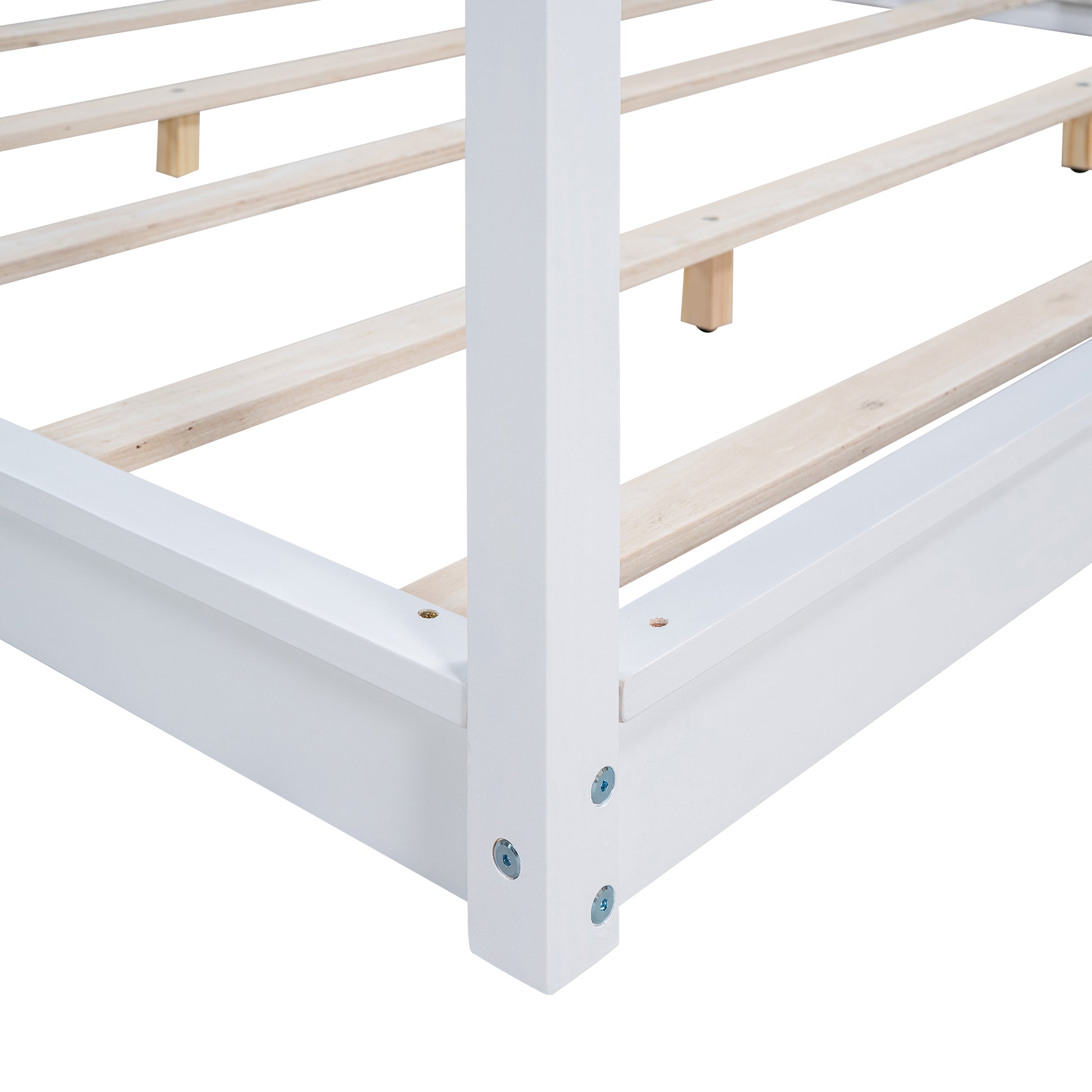 White wooden bed frame with slatted base
