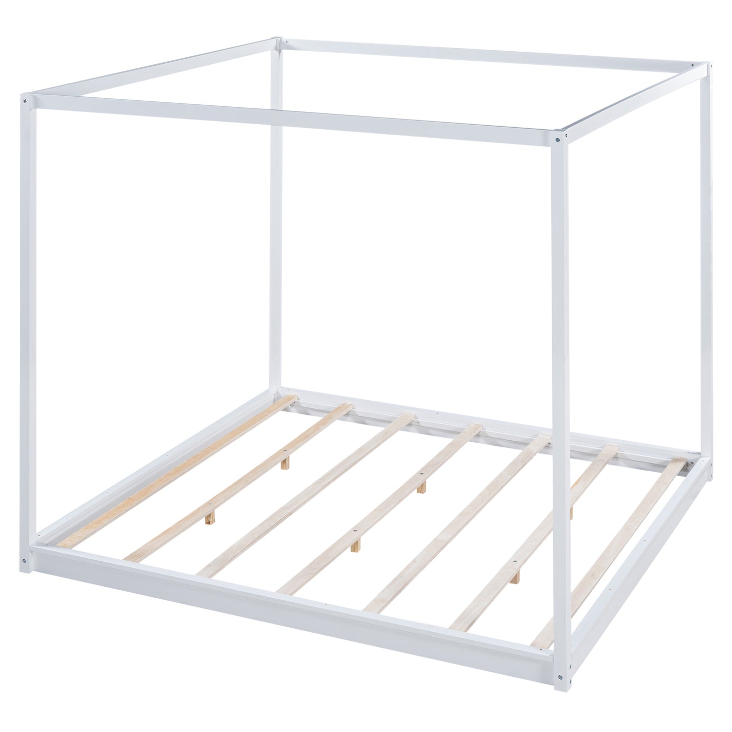 White metal canopy bed frame with wooden slats
