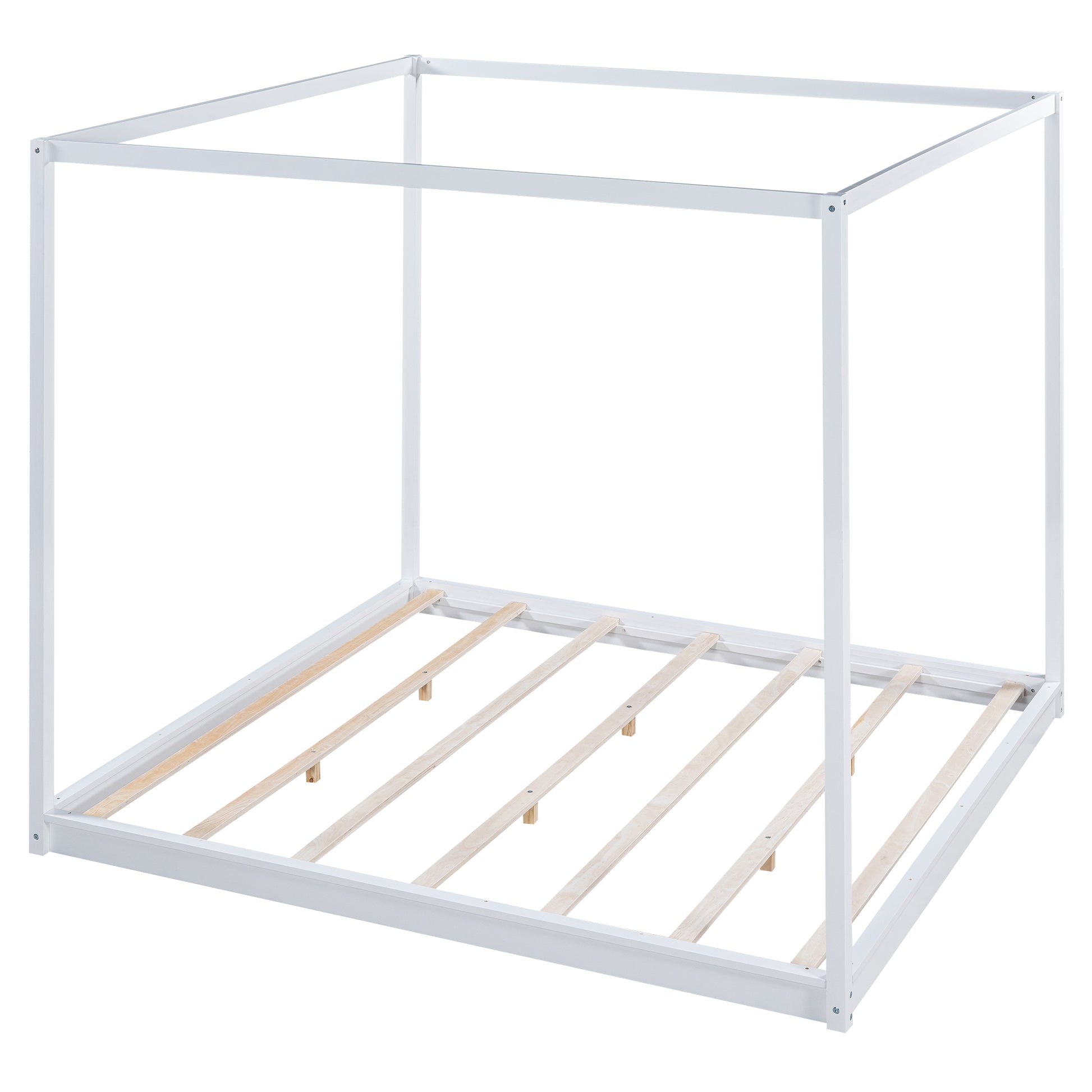 White metal canopy bed frame with wooden slats