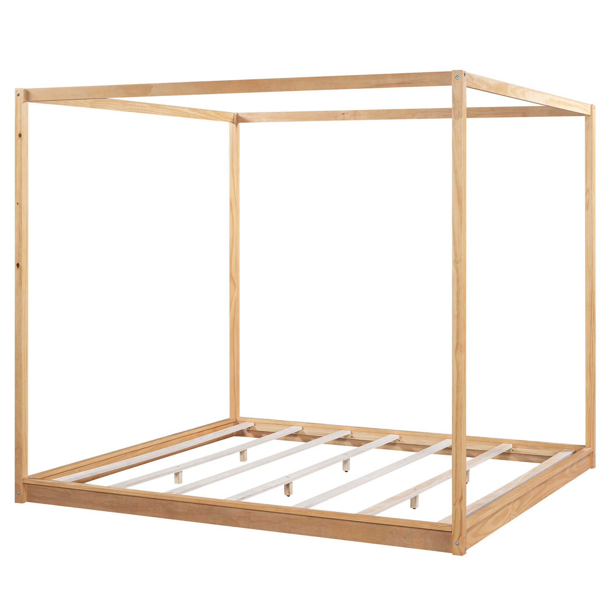 Natural wood four poster bed frame with slatted base