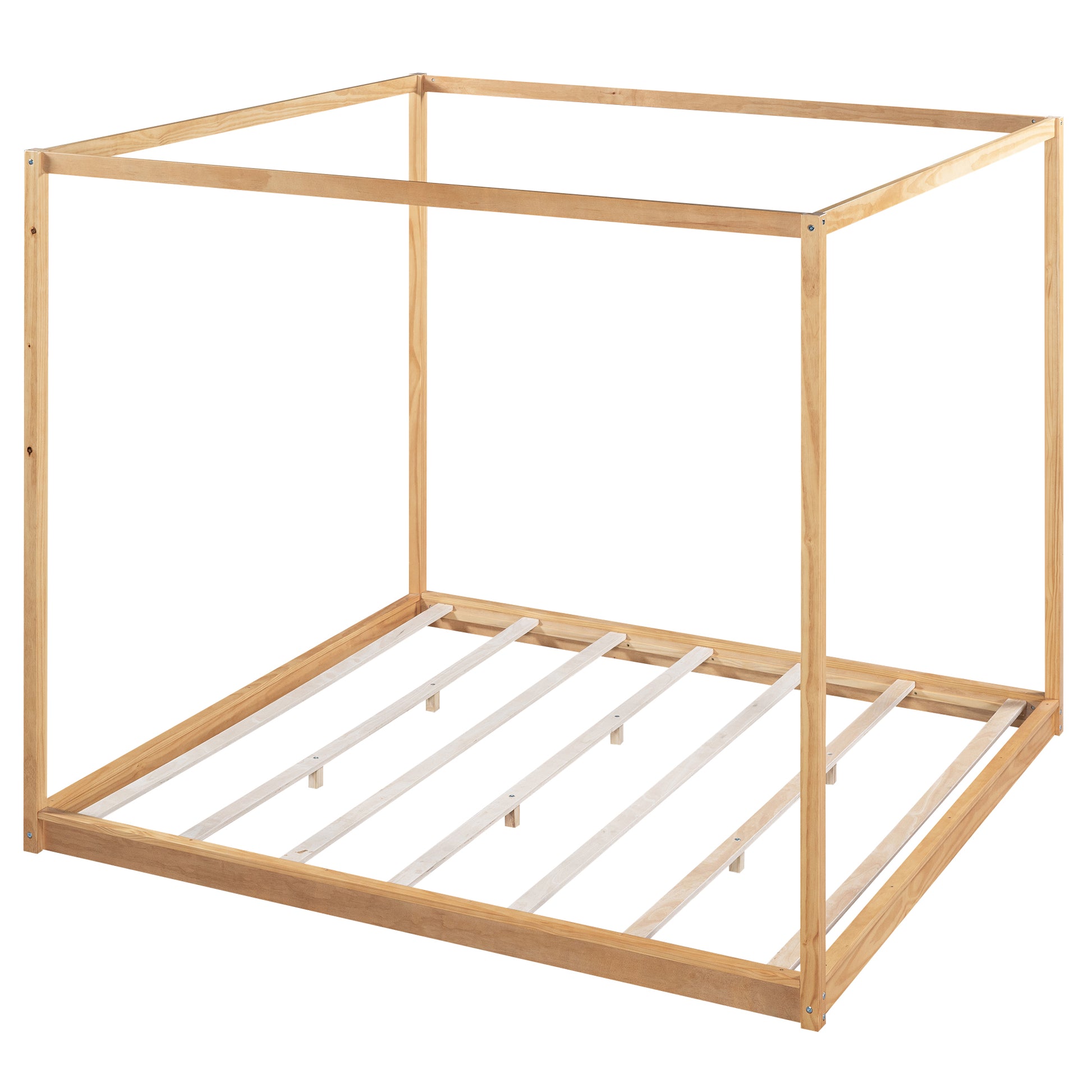 Natural wood canopy bed frame with slatted base