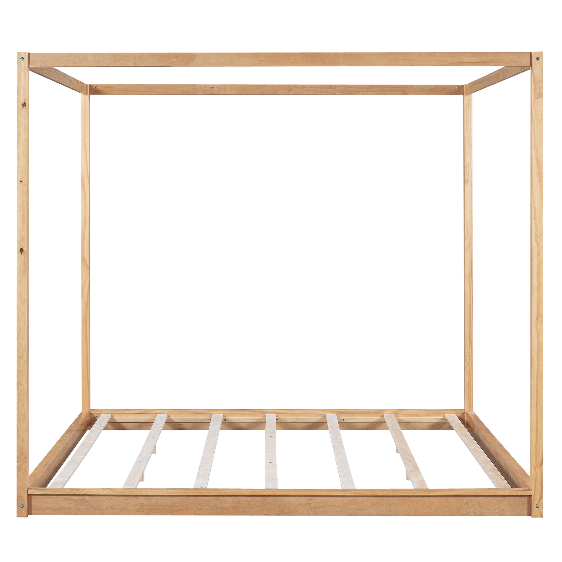 Natural wood canopy bed frame with slatted base