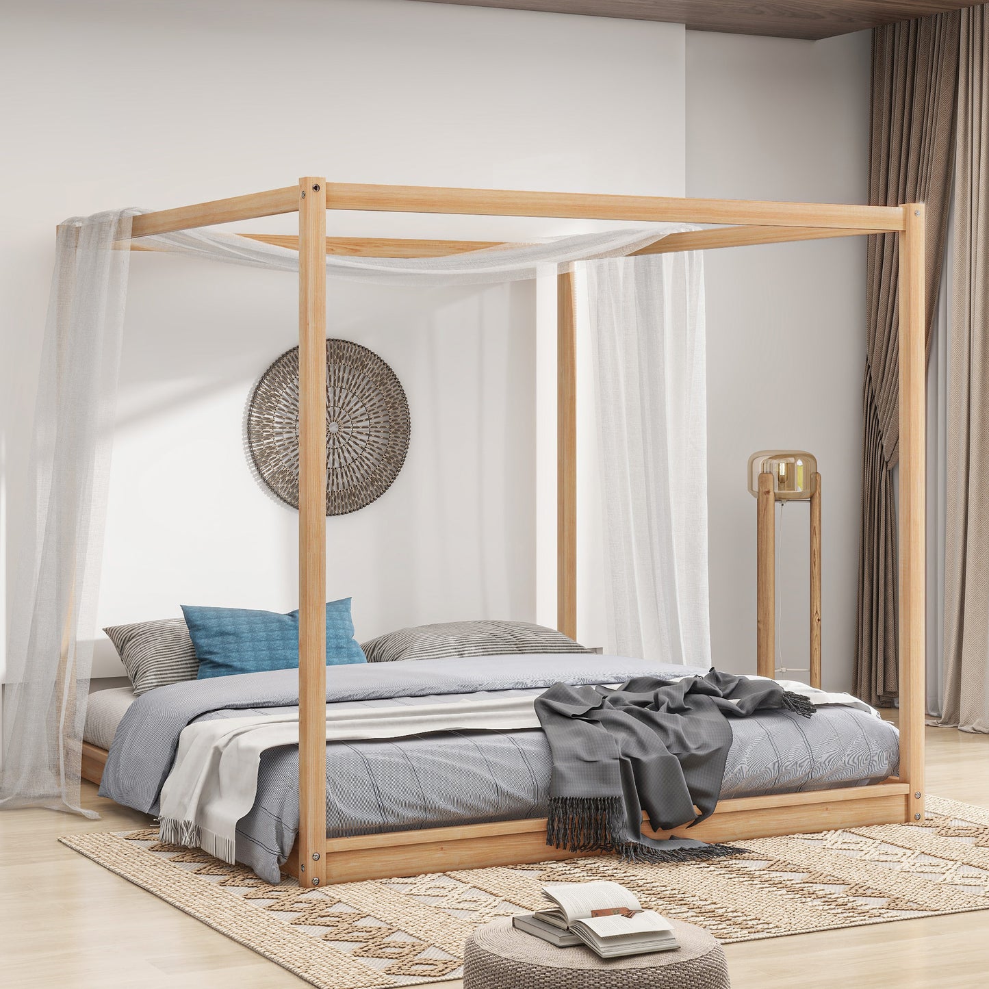 Natural wood fourposter bed frame with sheer drapes