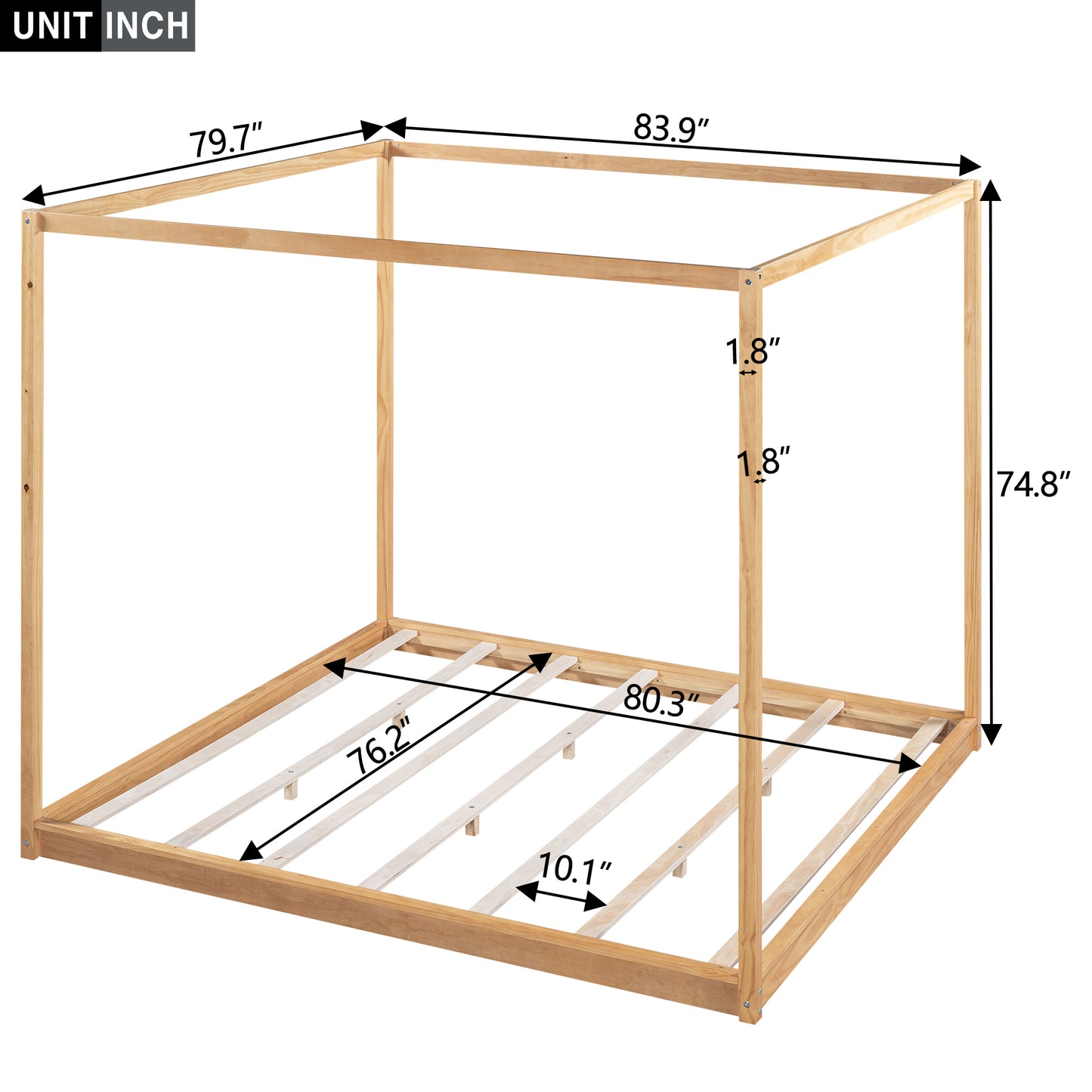 Natural wood canopy bed frame with dimensions