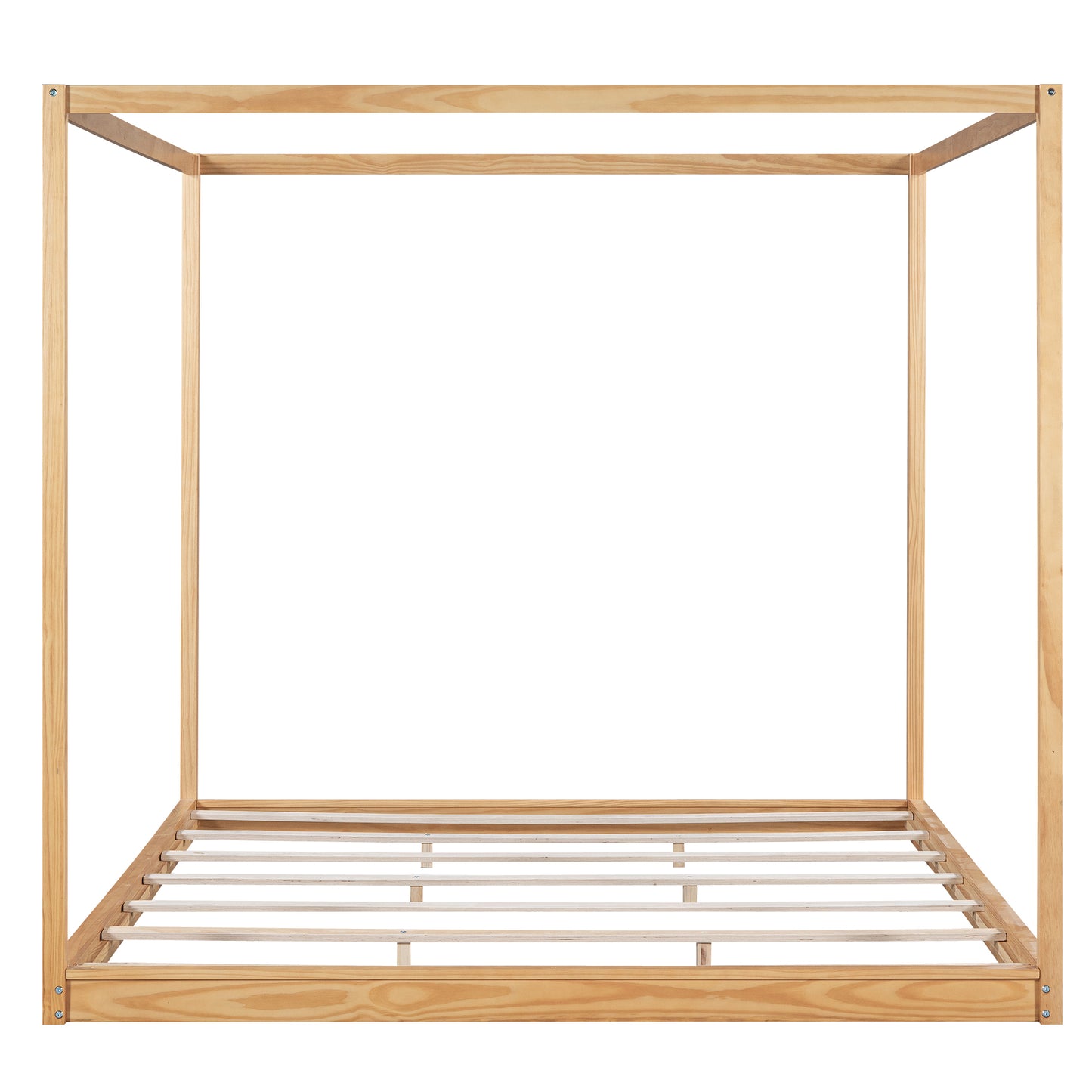 Natural wood fourposter bed frame with slatted base