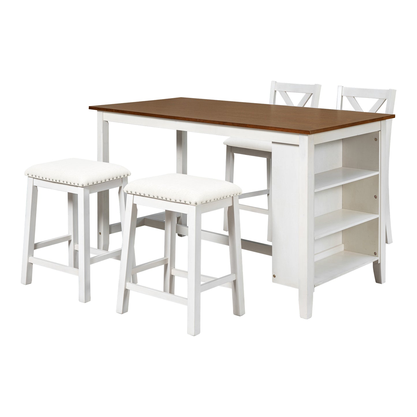 White and brown counter height table with  stools and  chairs