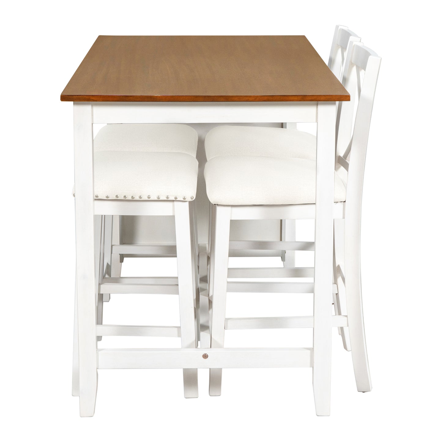 White bar stools and brown wood tabletop