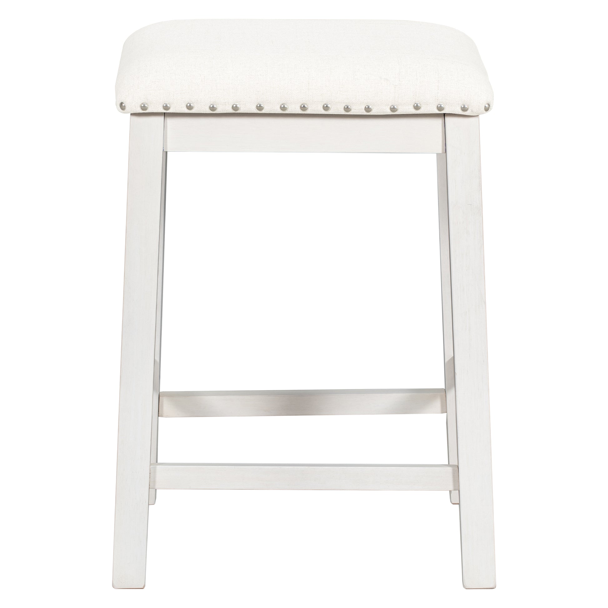 White upholstered counter stool with nailhead trim and distressed wood legs
