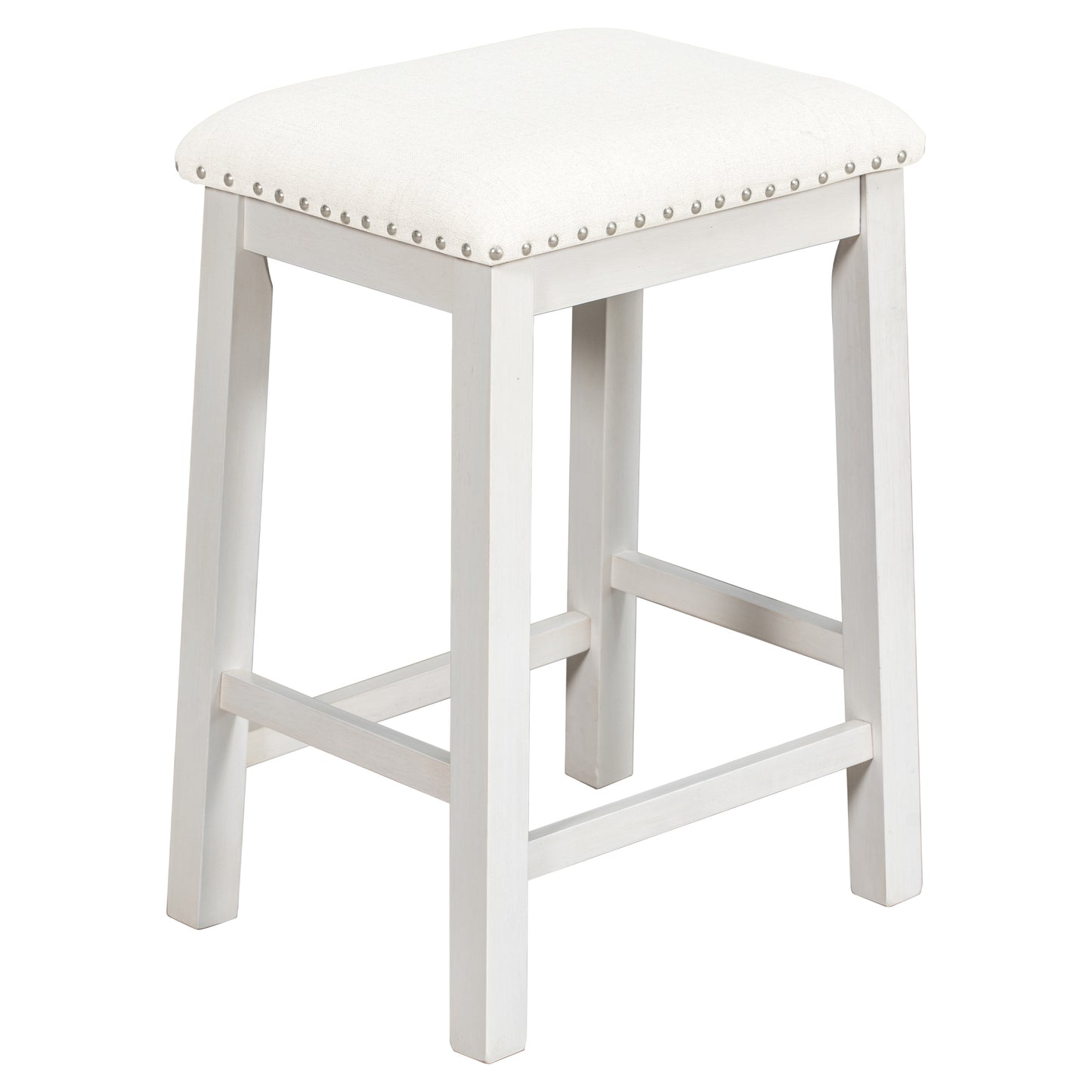 White upholstered counter stool with nailhead trim and light wood frame