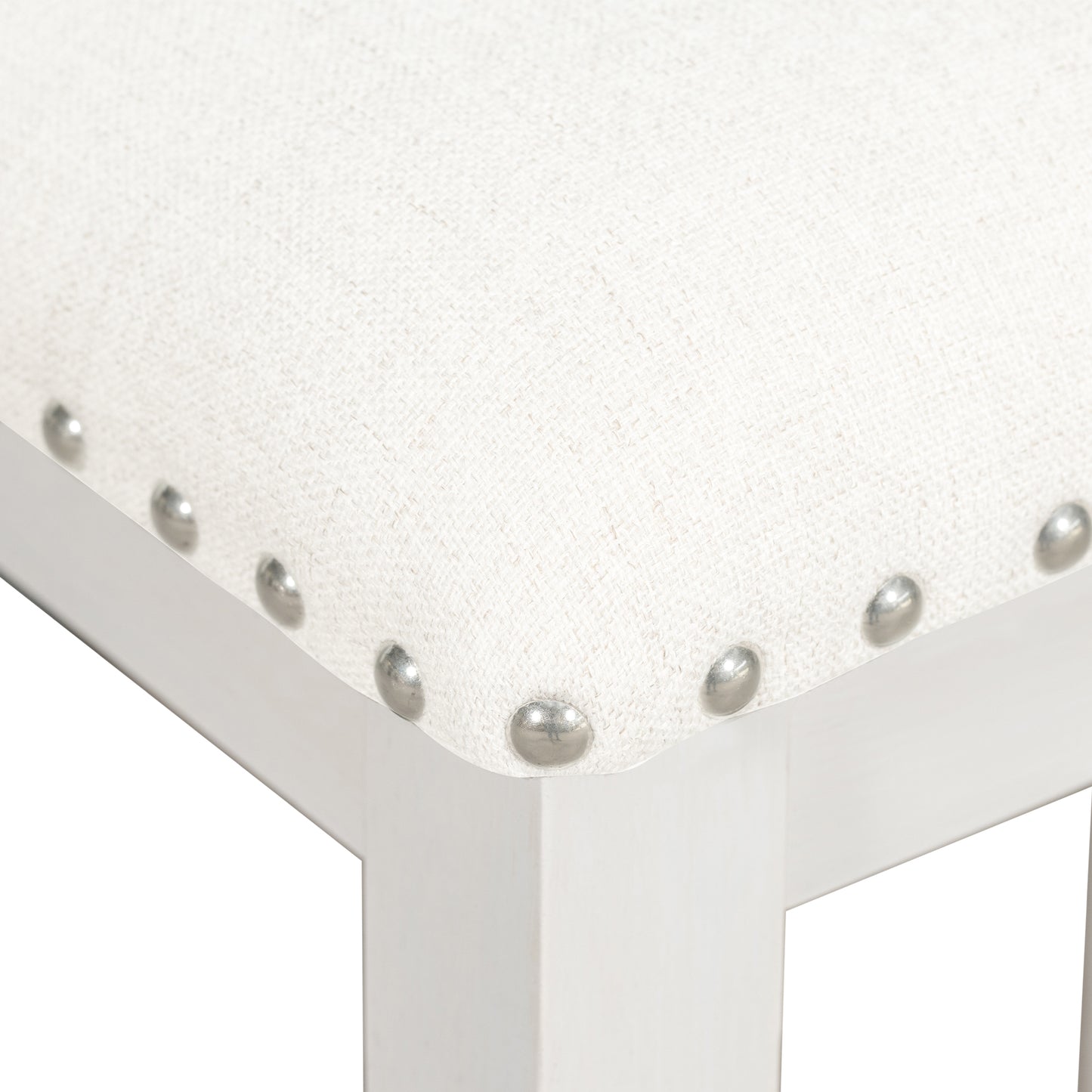 White linen stool cushion with silver nailhead trim