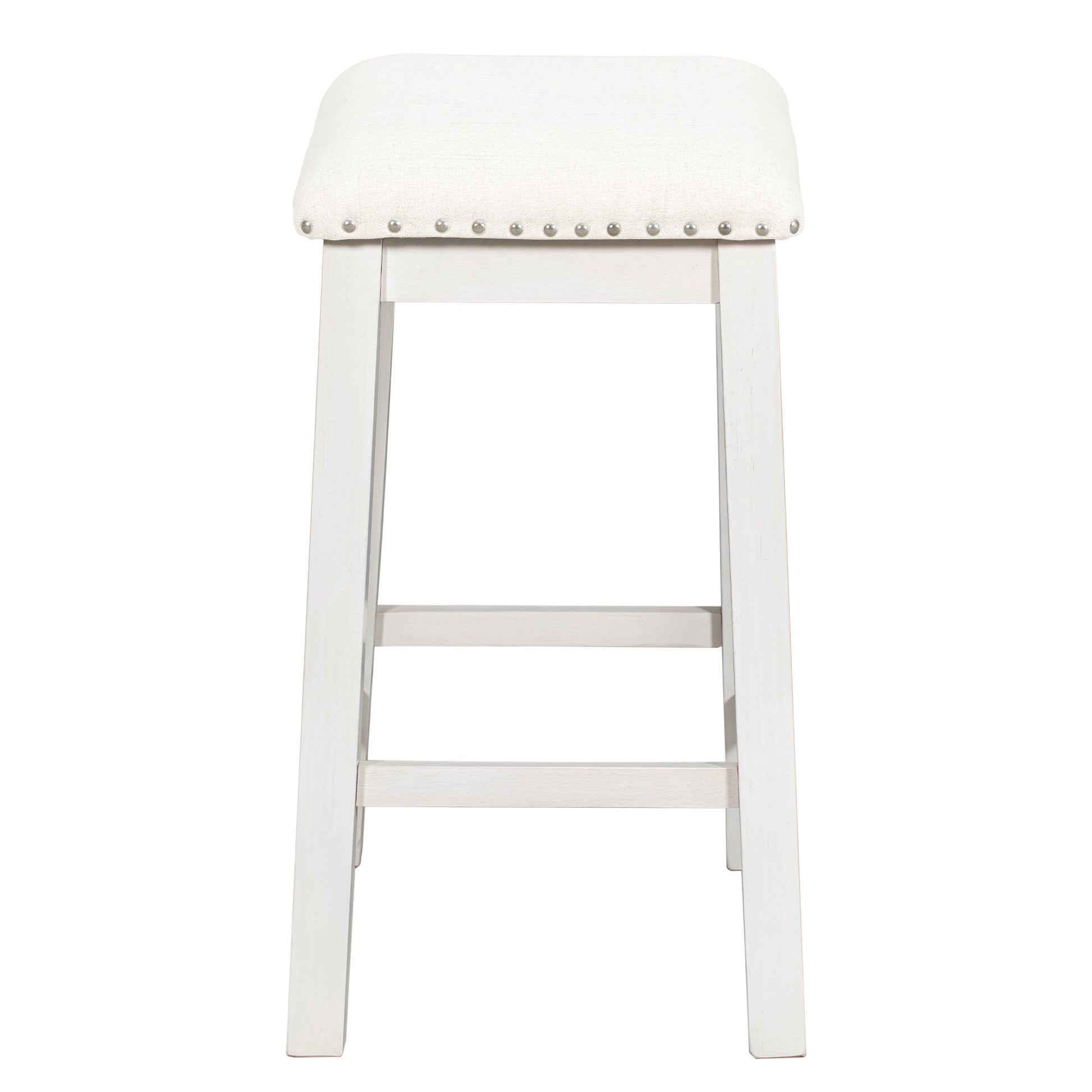 White upholstered counter stool with nailhead trim and distressed wood legs