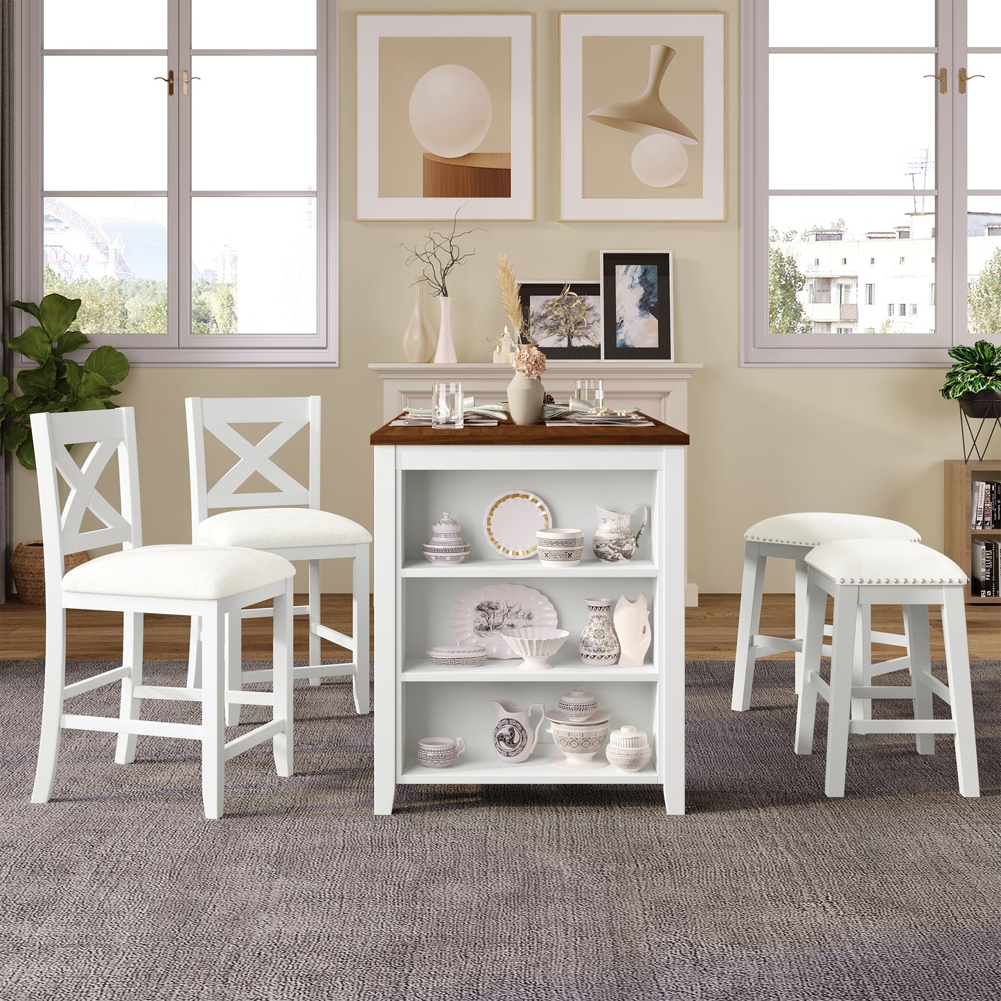 White wooden counter height bar stools with xback design