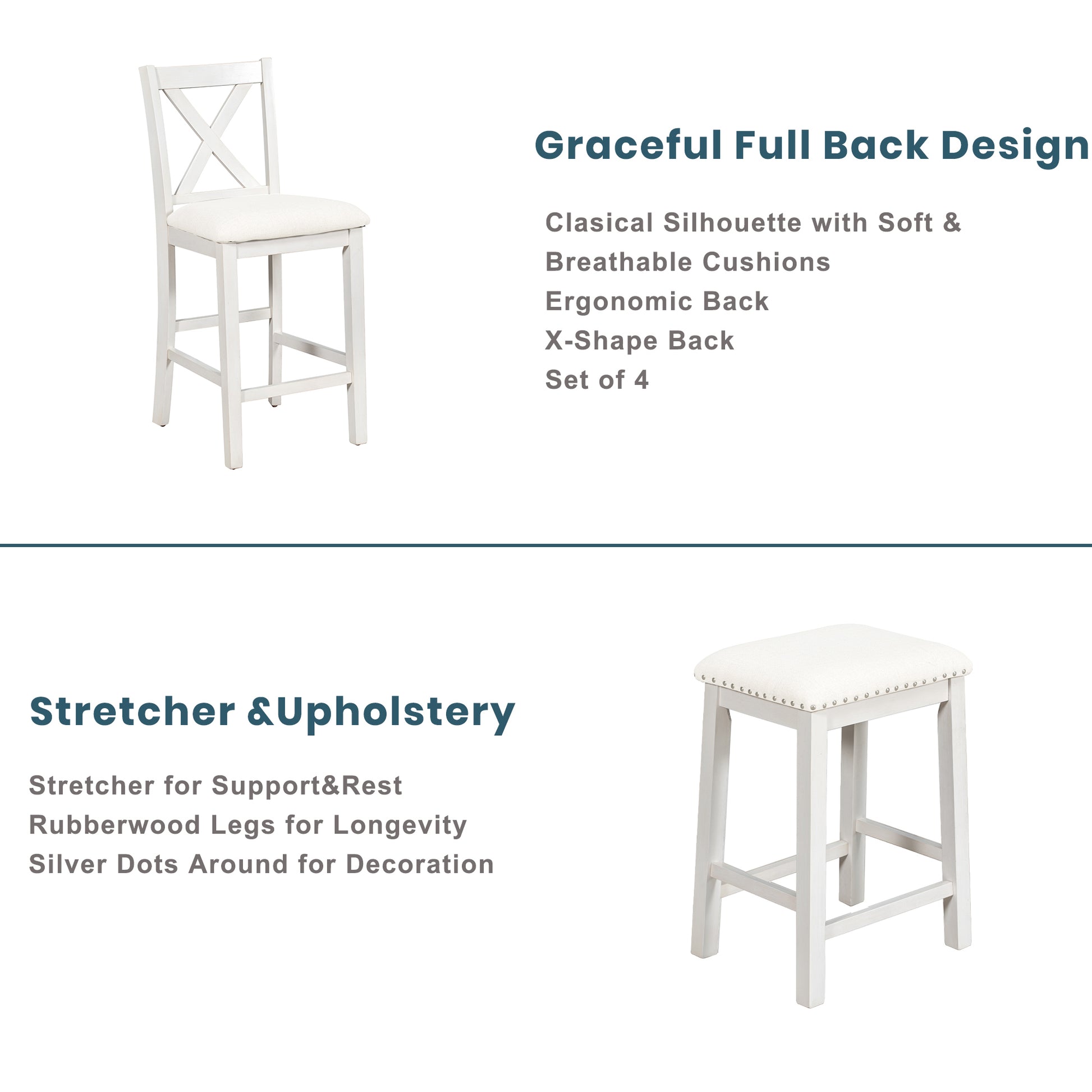 White wooden bar stool with Xback and upholstered seat