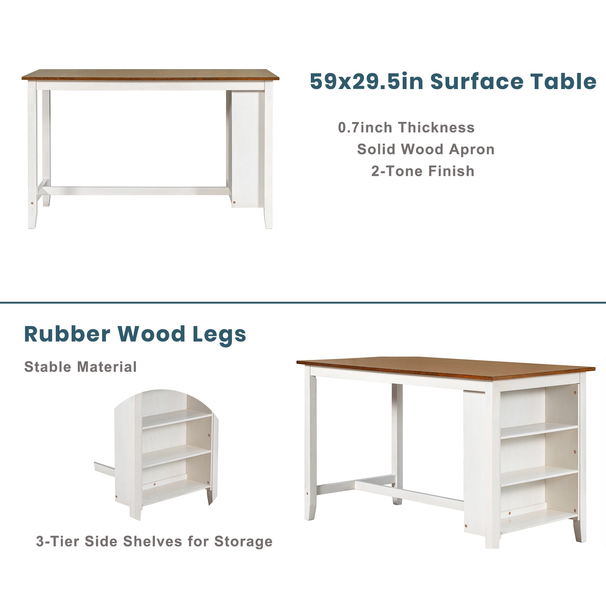 White and wood tone pub table with storage shelves