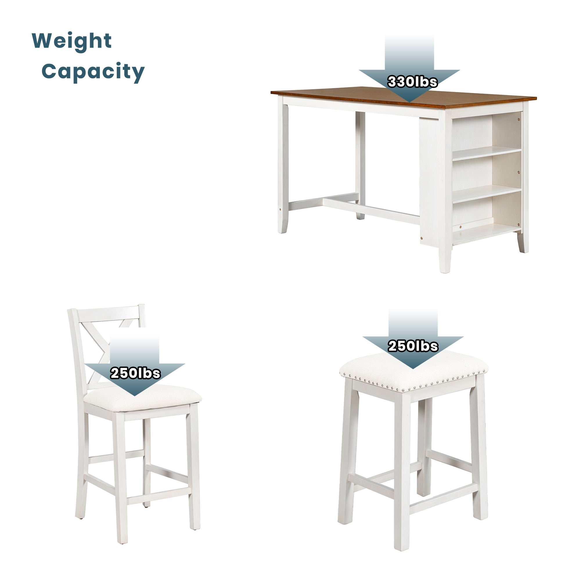 White counter height table with brown top lb weight capacity and shelves