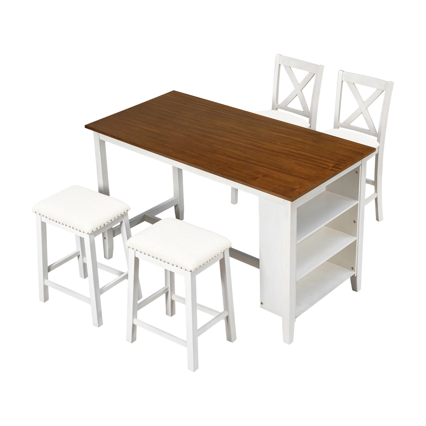 White and brown counter height dining set with upholstered stools and crossback chairs