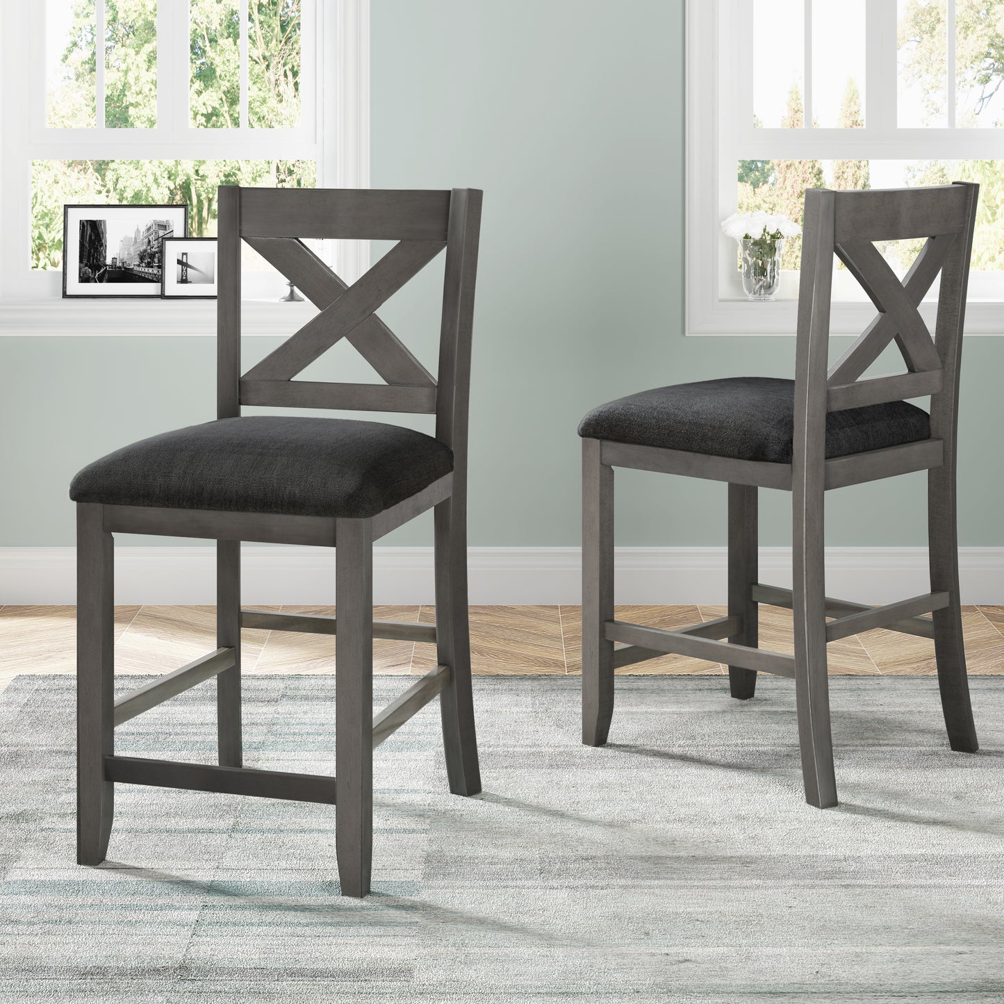 Gray wooden counter stool with upholstered dark gray seat