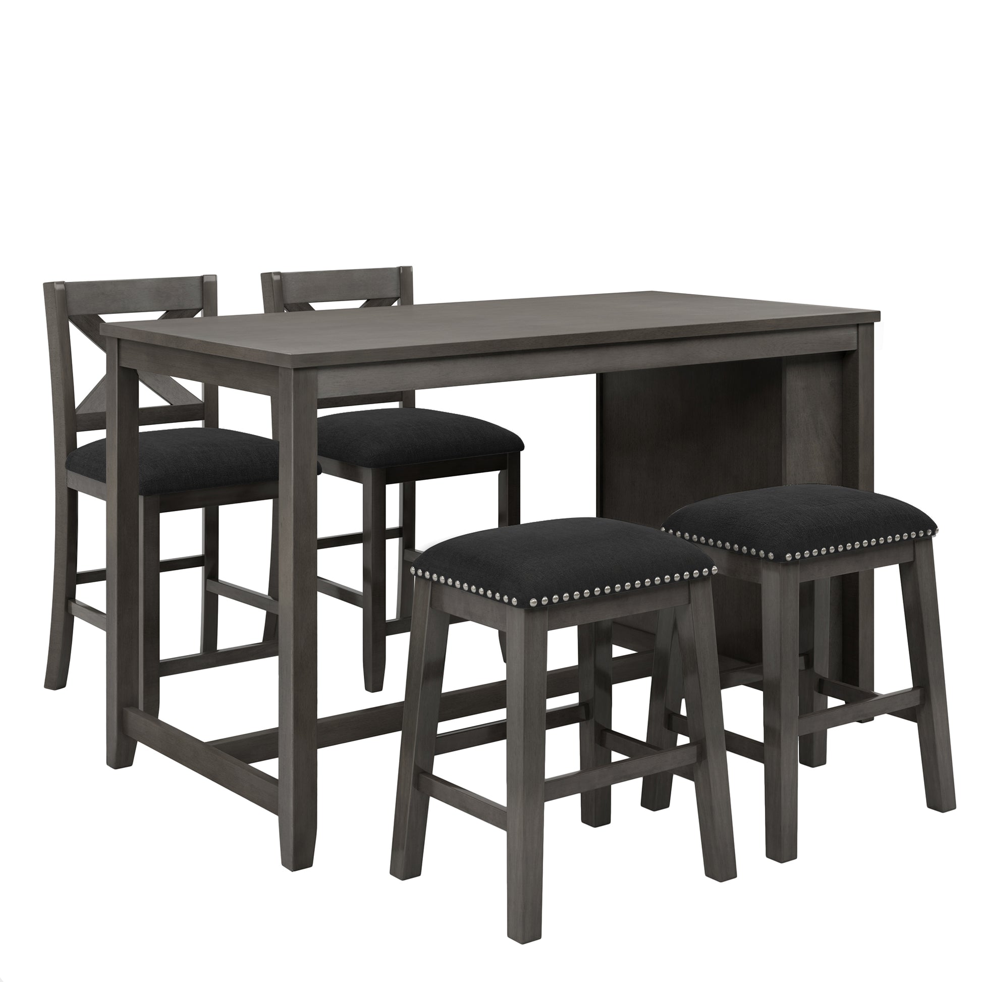 Gray counter height table with four upholstered stools