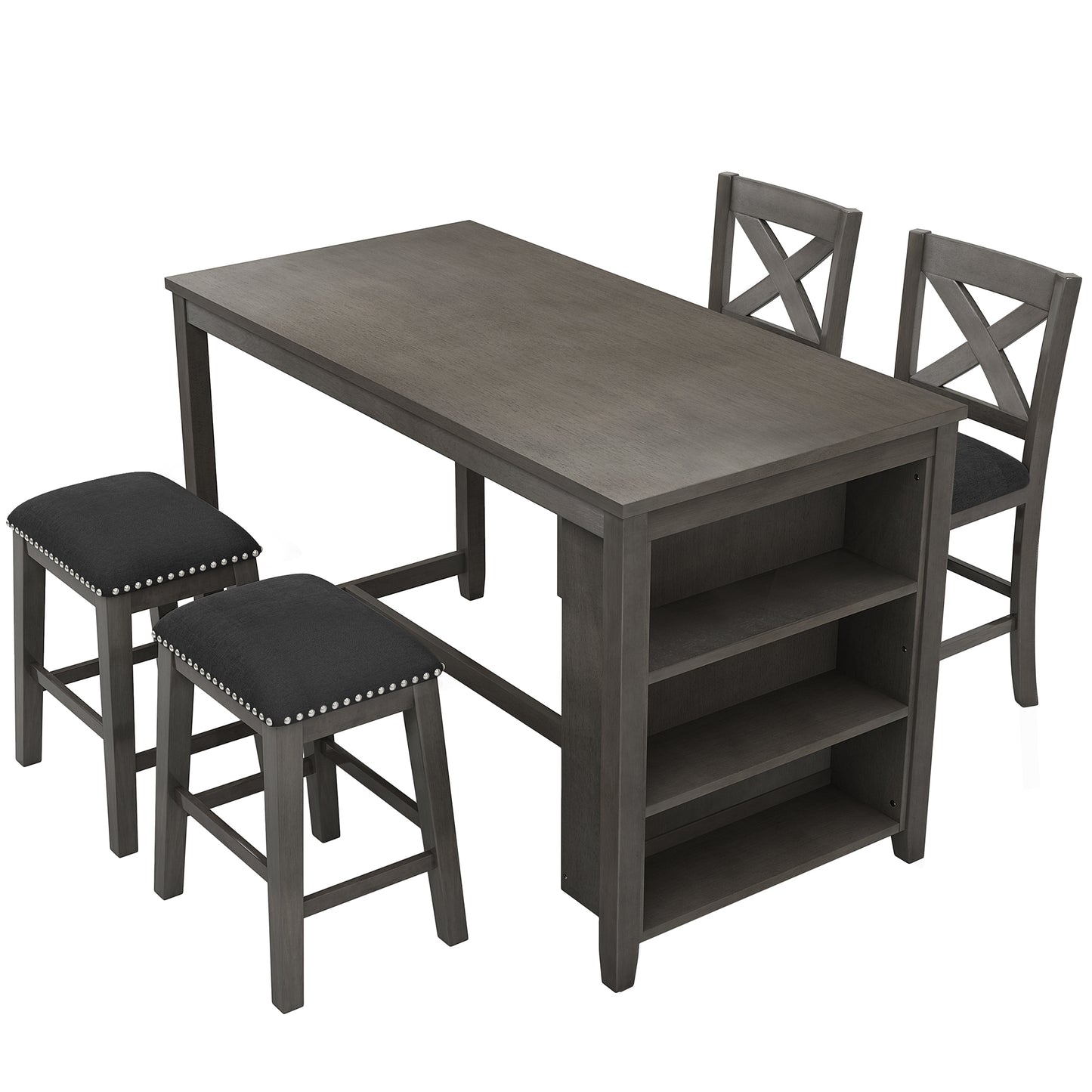 Gray counter height dining set with builtin shelves and upholstered stools