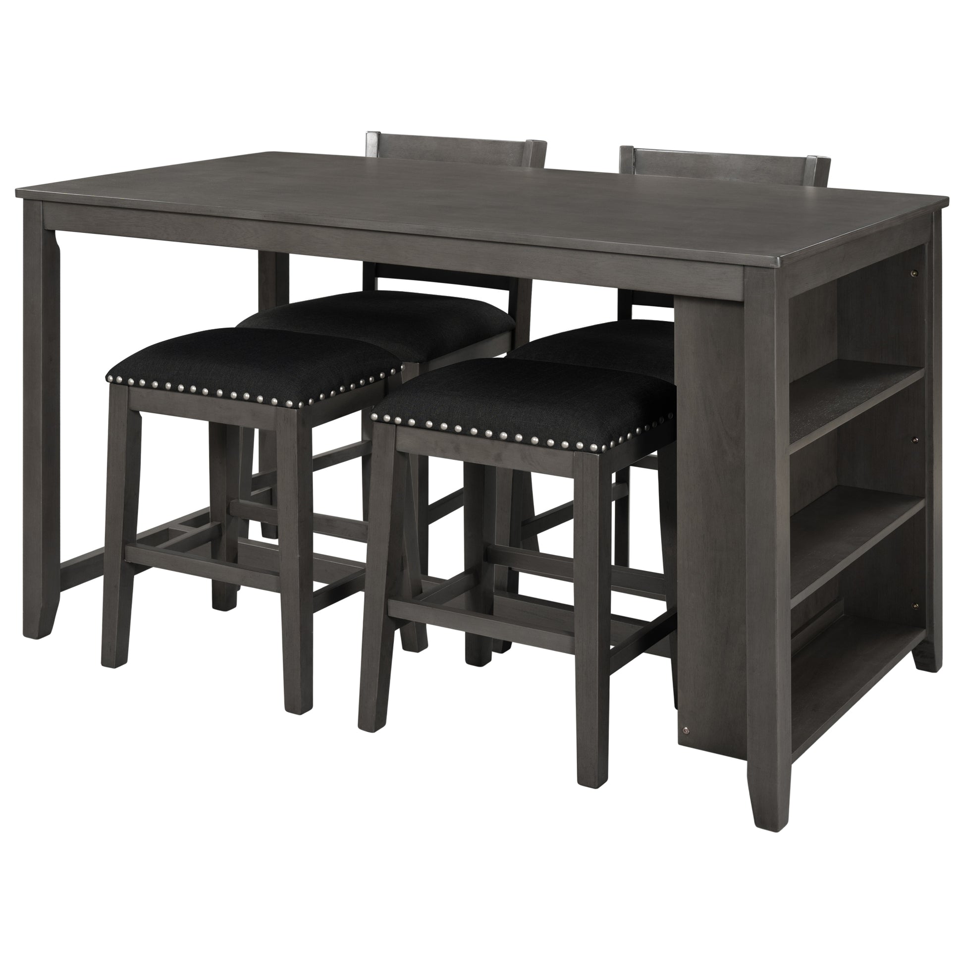 Gray wooden bar table and chairs set with black upholstered seats and storage shelves