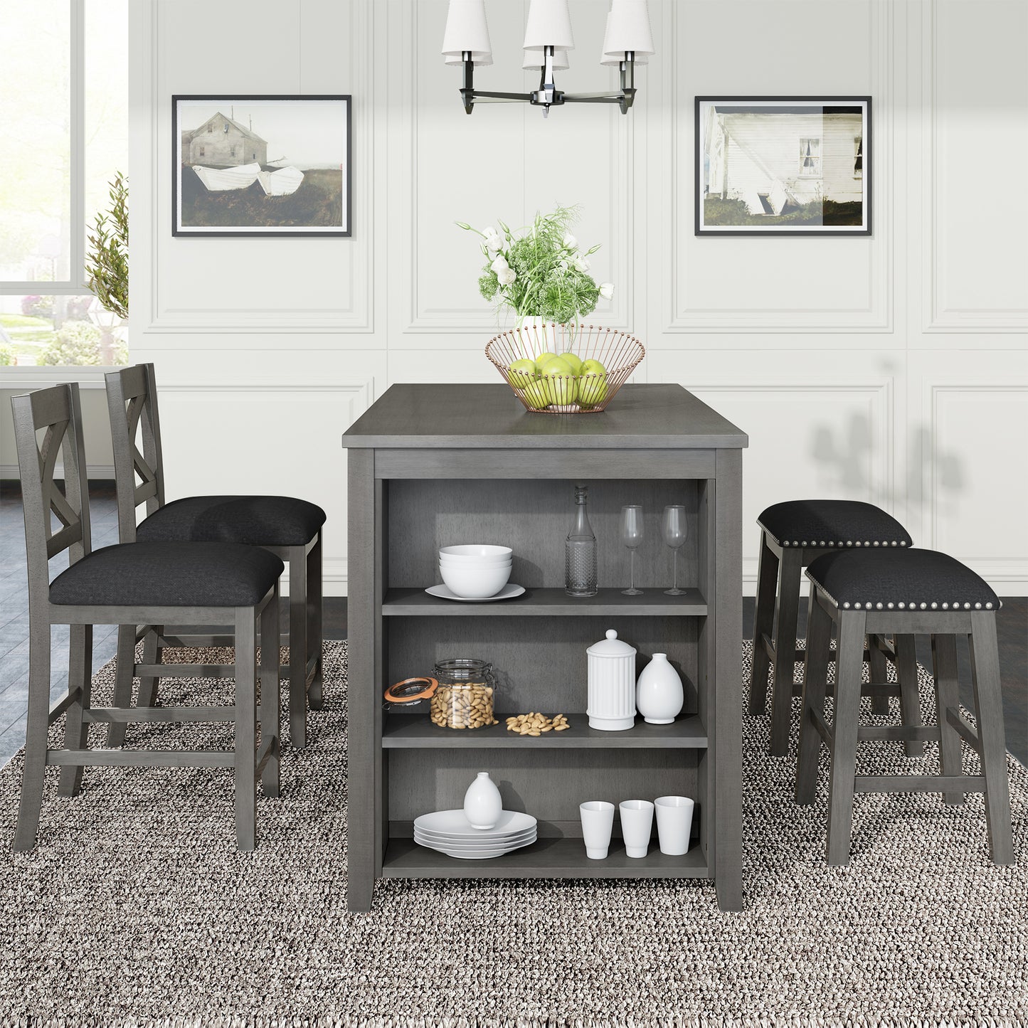 Grey wood bar stools with black upholstered seats and nailhead trim
