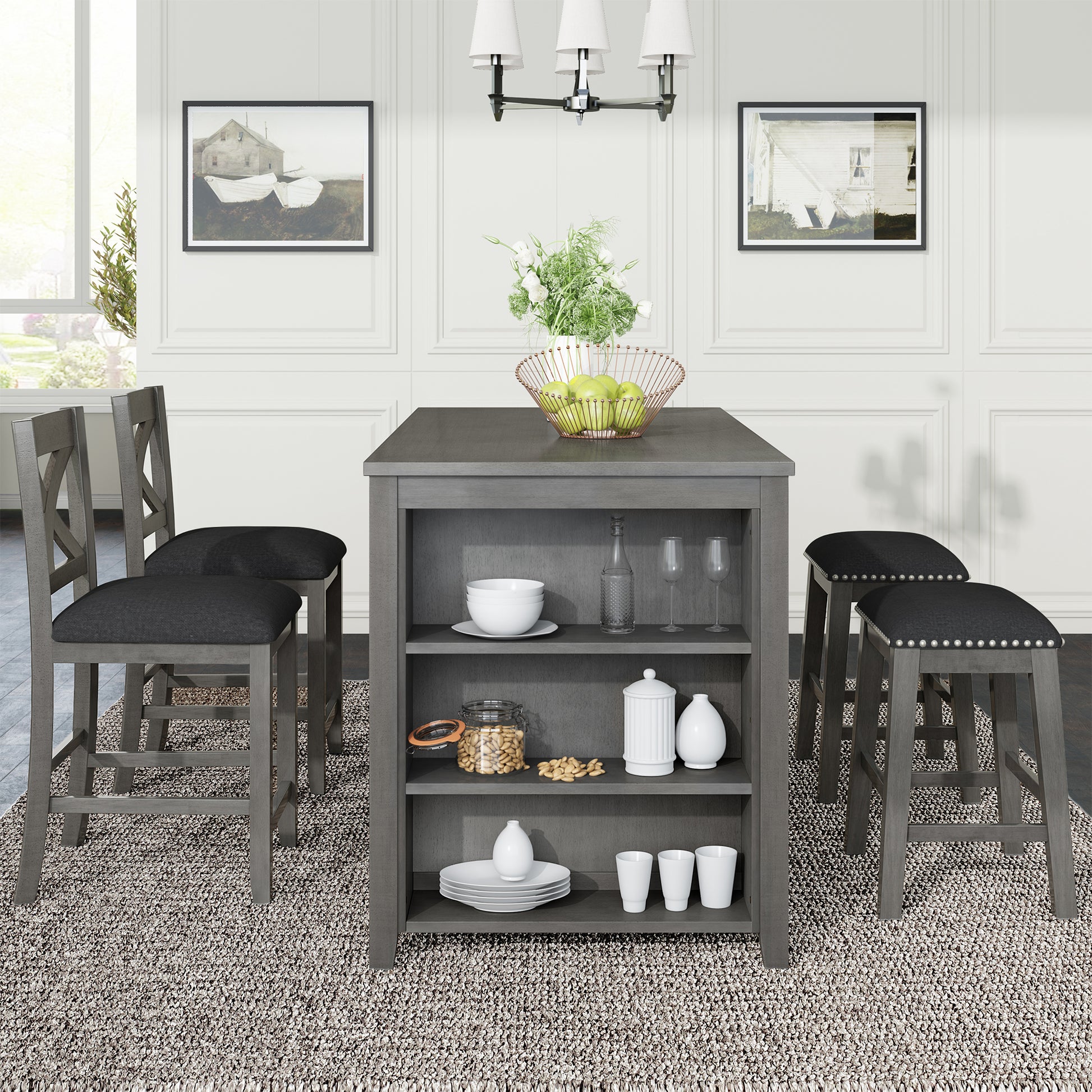 Grey wood bar stools with black upholstered seats and nailhead trim