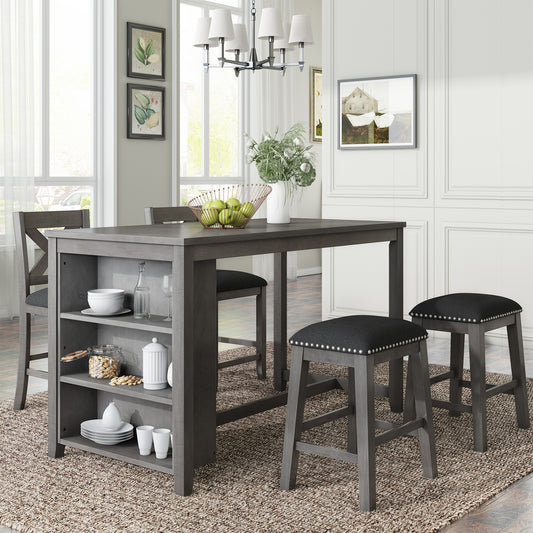 Gray counter height dining table set with  stools and storage shelves
