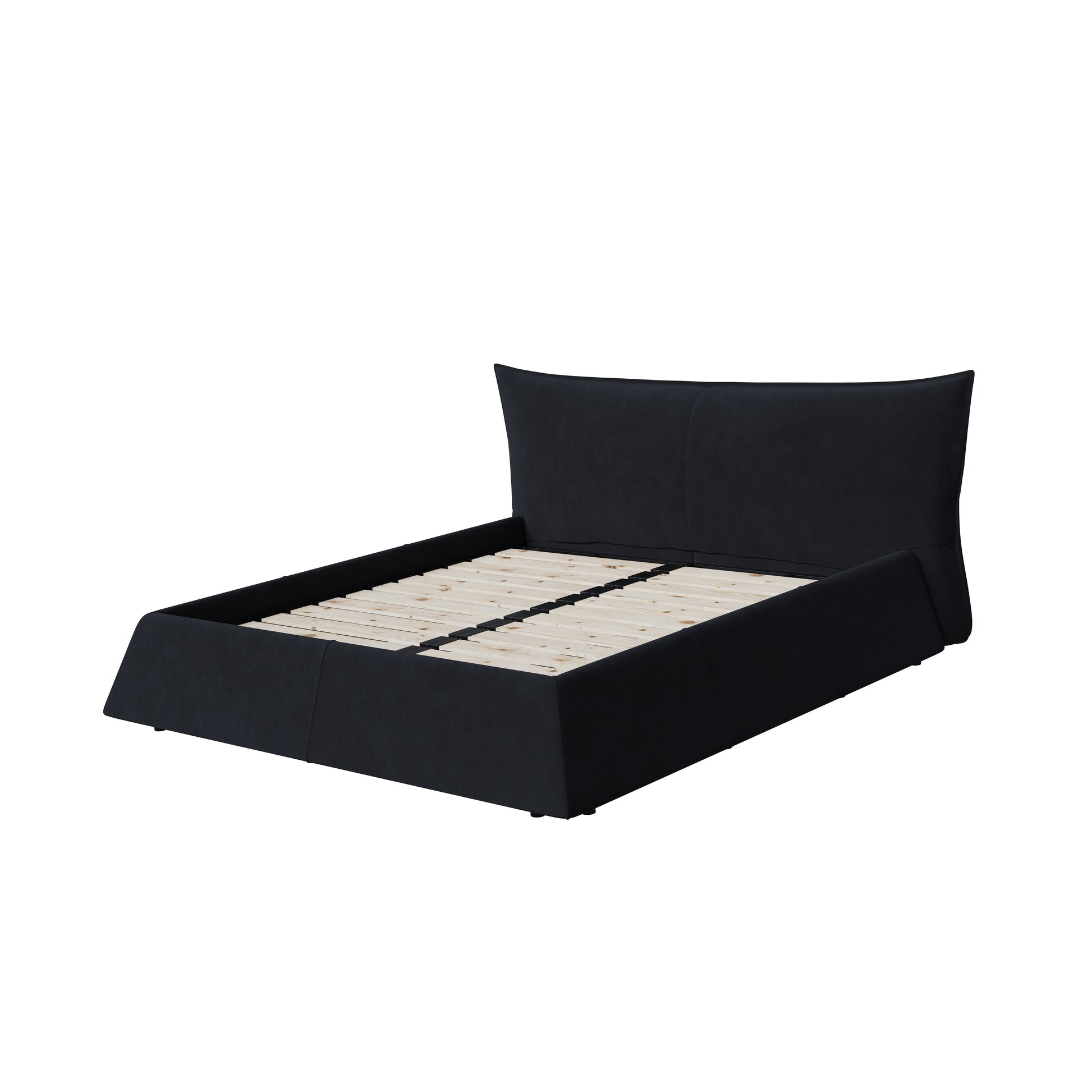 Upholstered dark grey fabric bed frame with wooden slats modern design