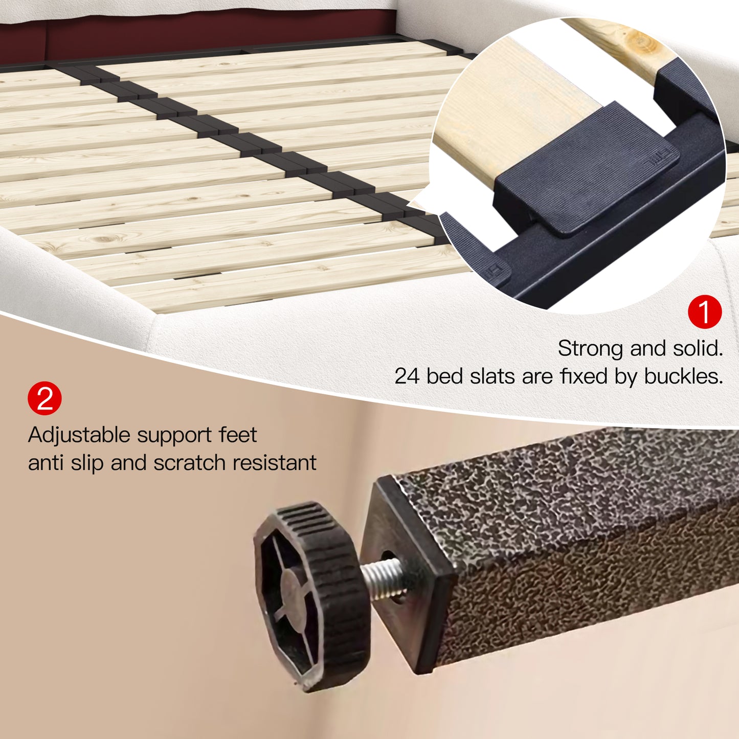 Closeup of a bed frame showing  natural wood slats secured by black buckles for durability