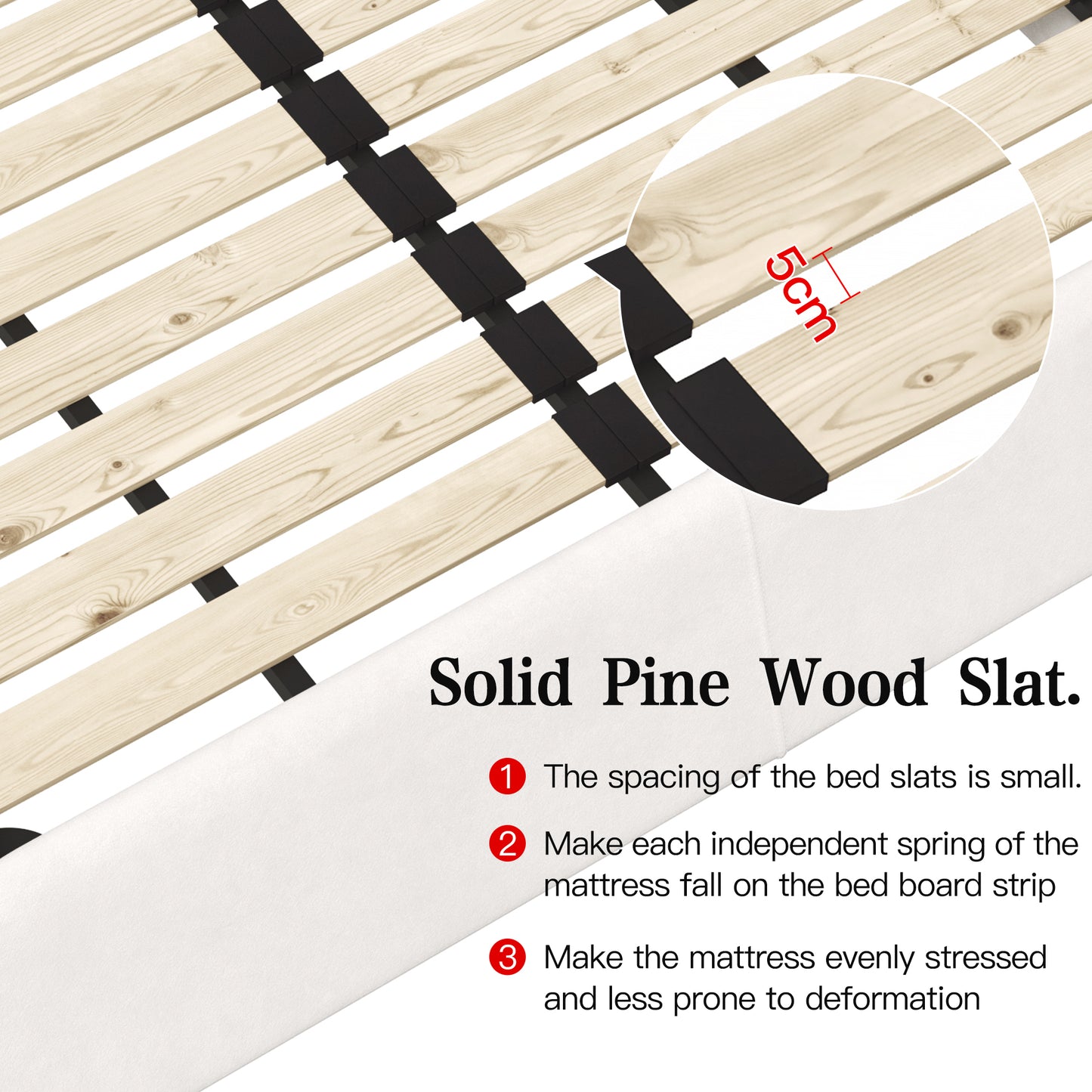 Closeup of natural pine wood bed slats with black connectors showing even spacing