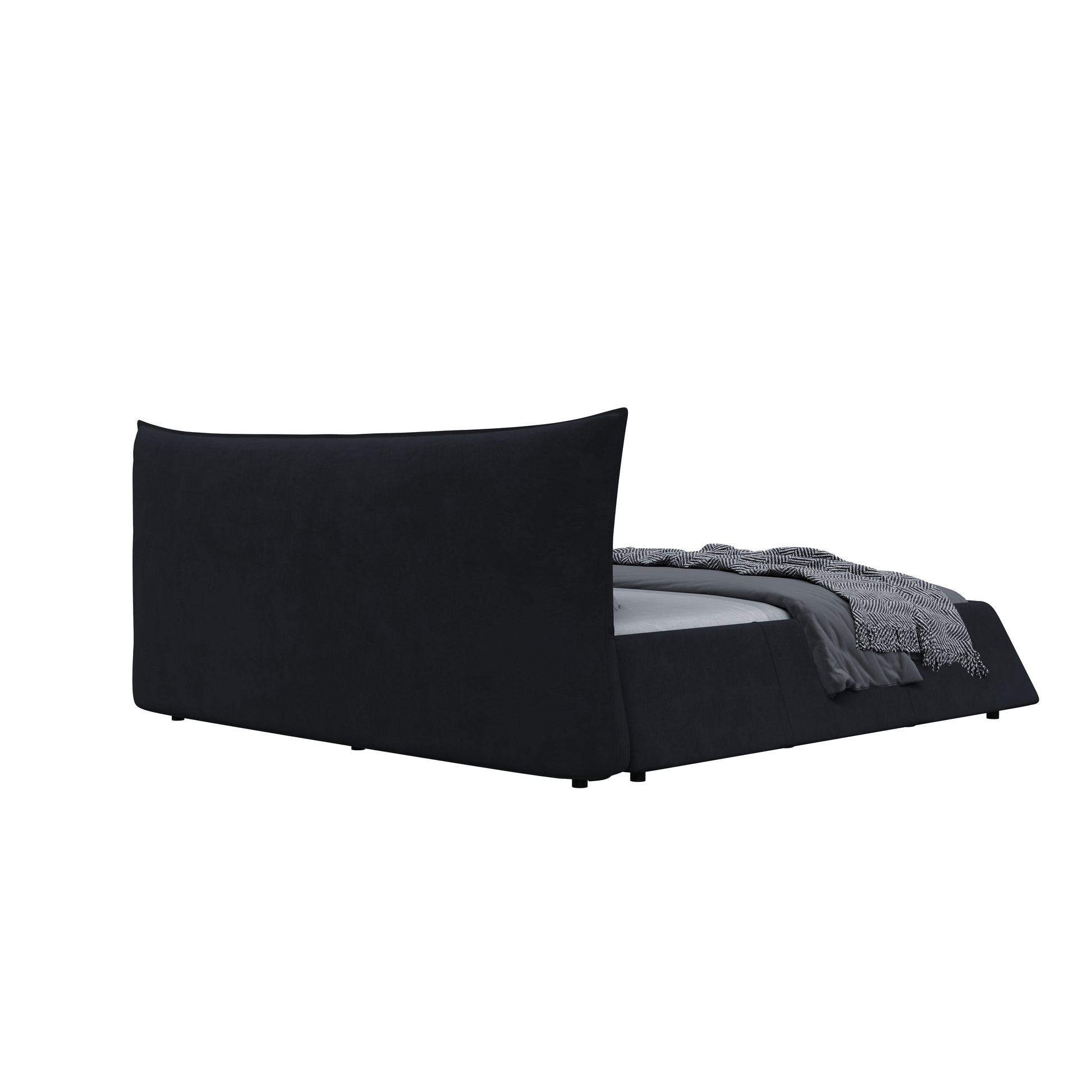 Black fabric platform bed with curved headboard and grey bedding
