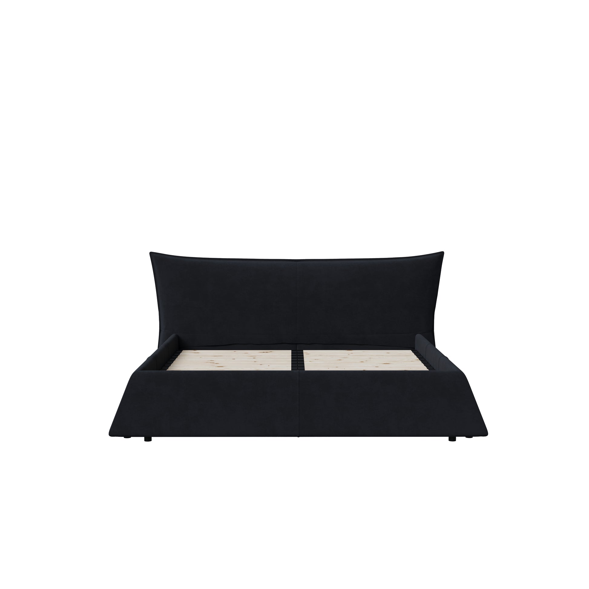 Black upholstered platform bed frame with a curved headboard and slatted base