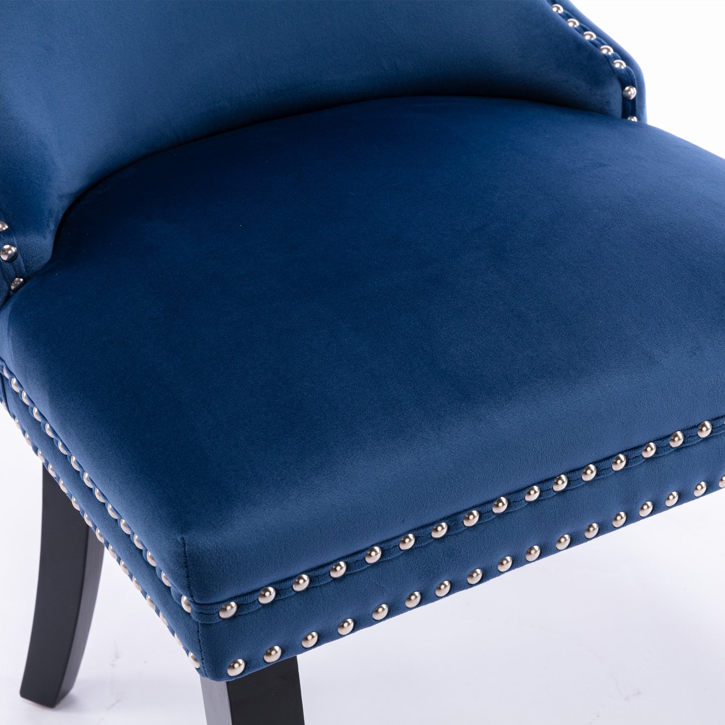 Navy blue velvet accent chair with silver nailhead trim