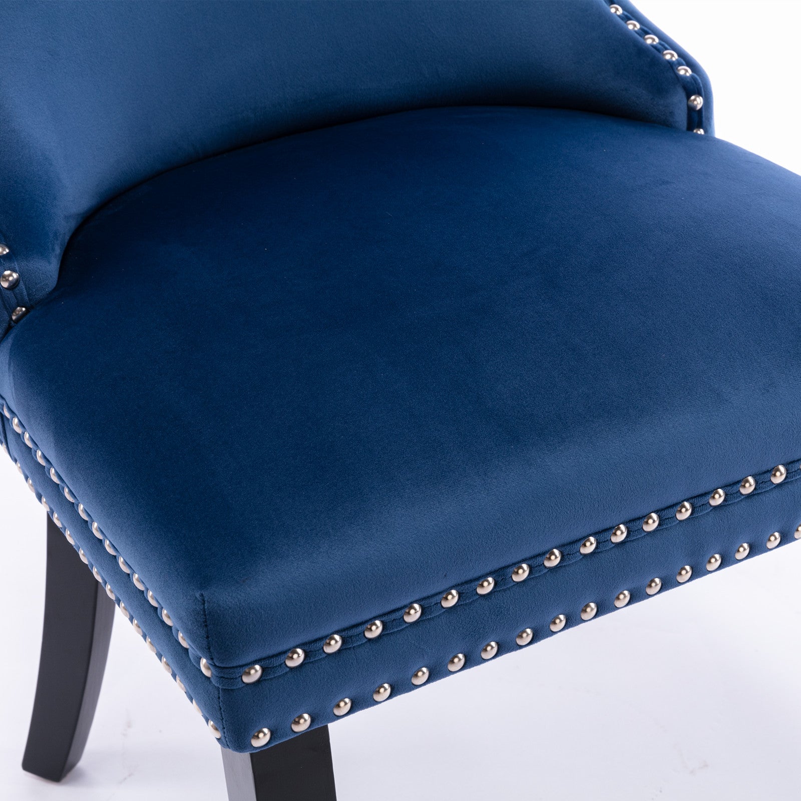 Navy blue velvet accent chair with silver nailhead trim