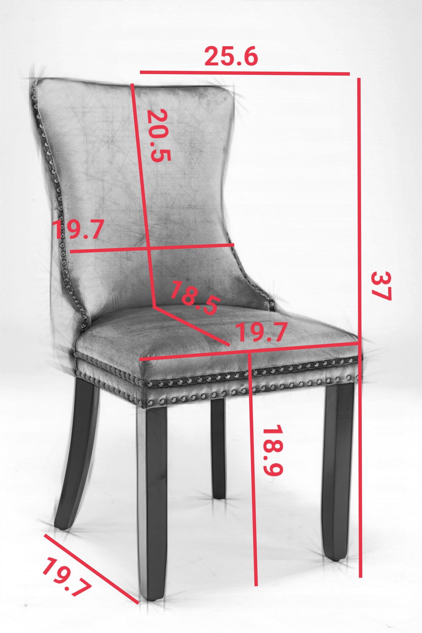 Gray velvet dining chair with silver stud trim and wooden legs