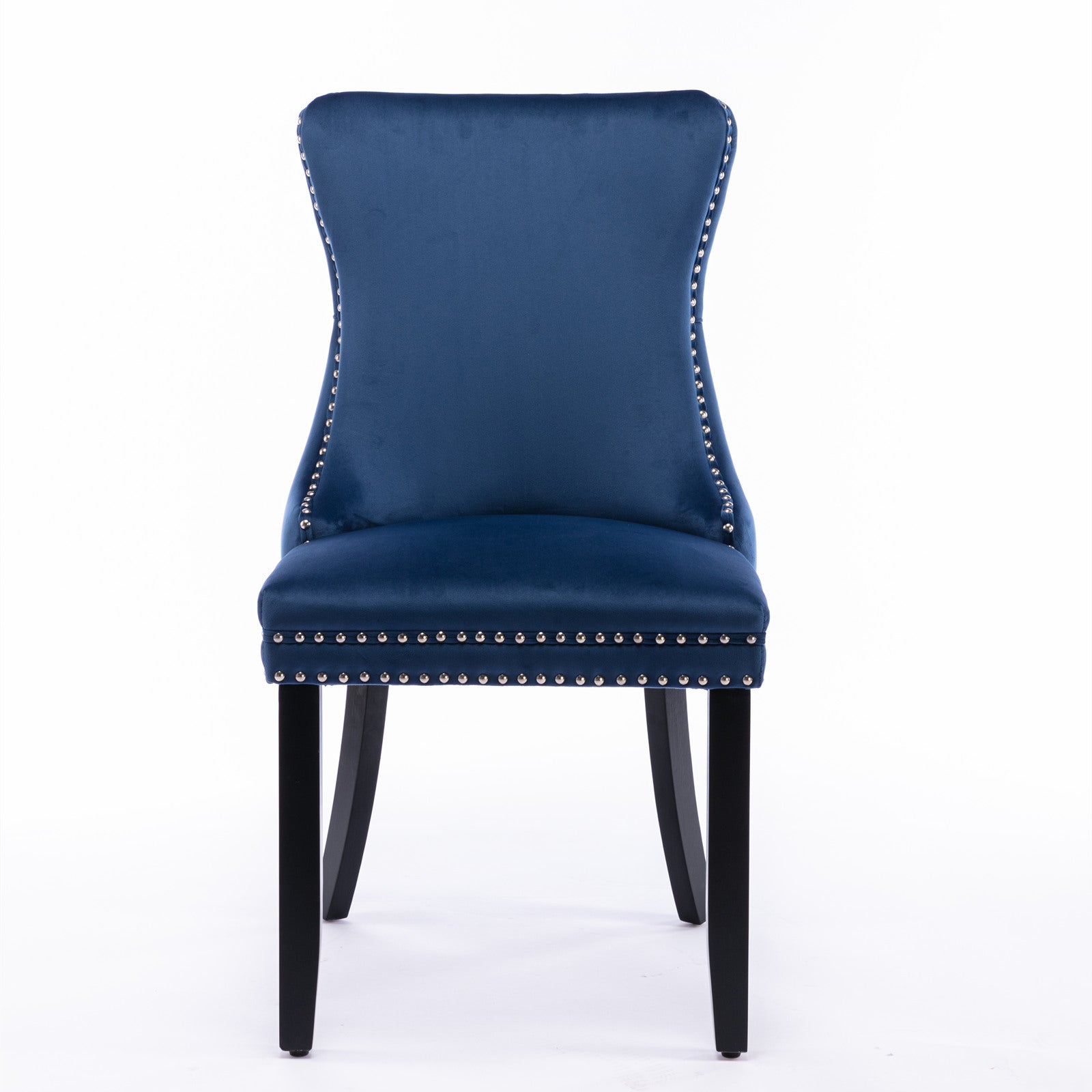 Navy blue velvet dining chair with silver nailhead trim and black legs
