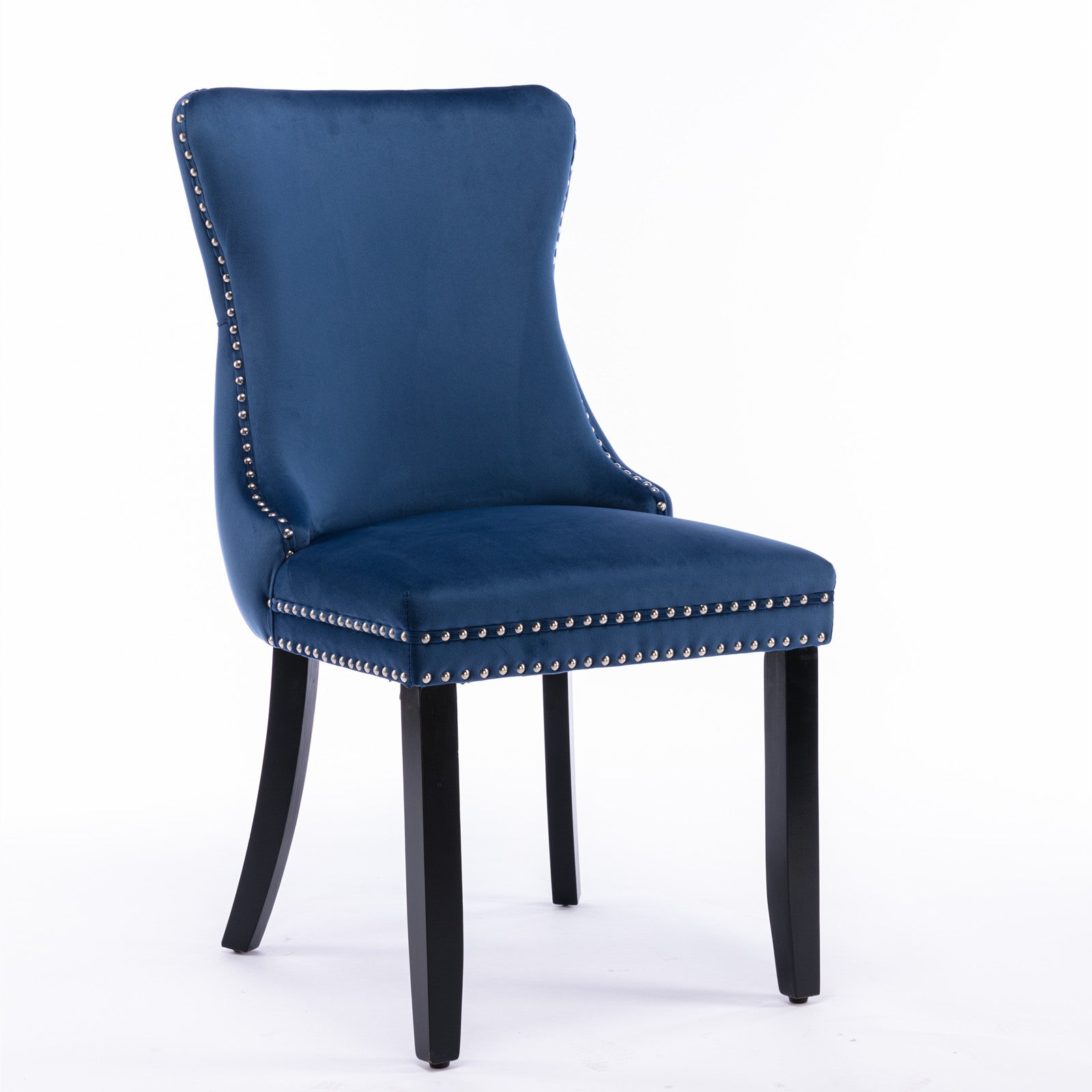Dark blue velvet accent chair with silver nailhead trim and black wooden legs