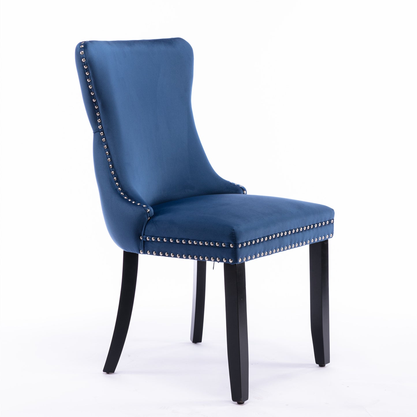 Deep blue velvet dining chair with silver nailhead trim and black legs