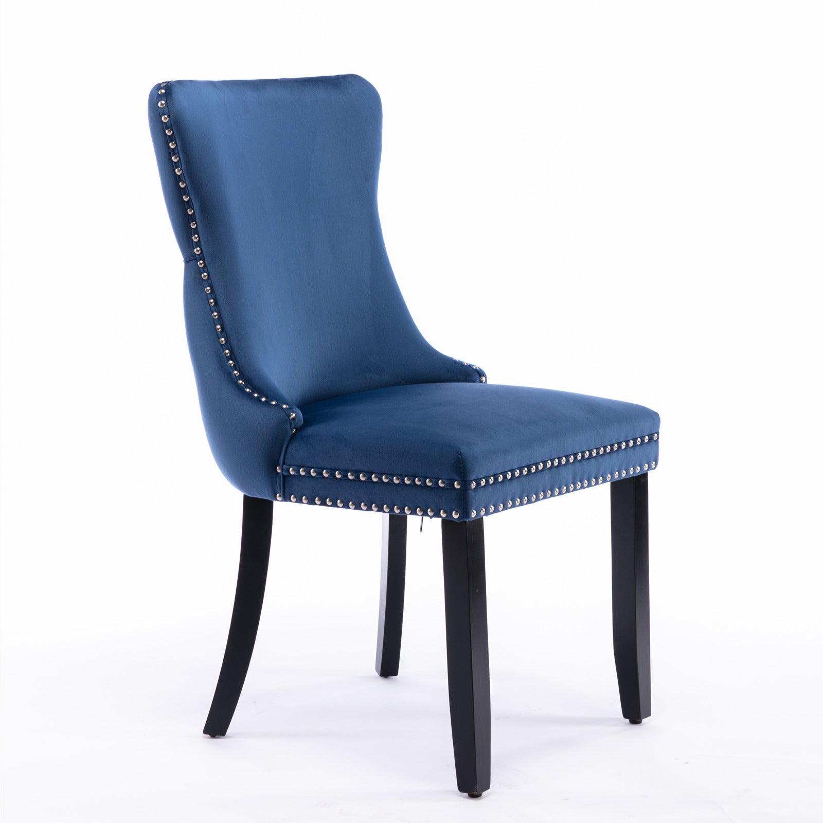 Deep blue velvet dining chair with silver nailhead trim and black legs