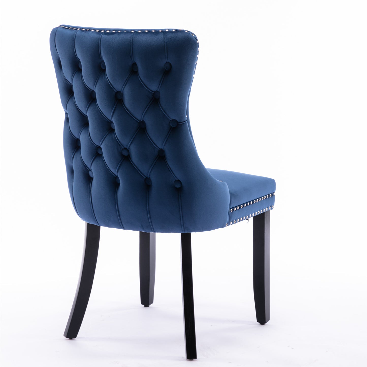 Tufted navy blue velvet dining chair with nailhead trim