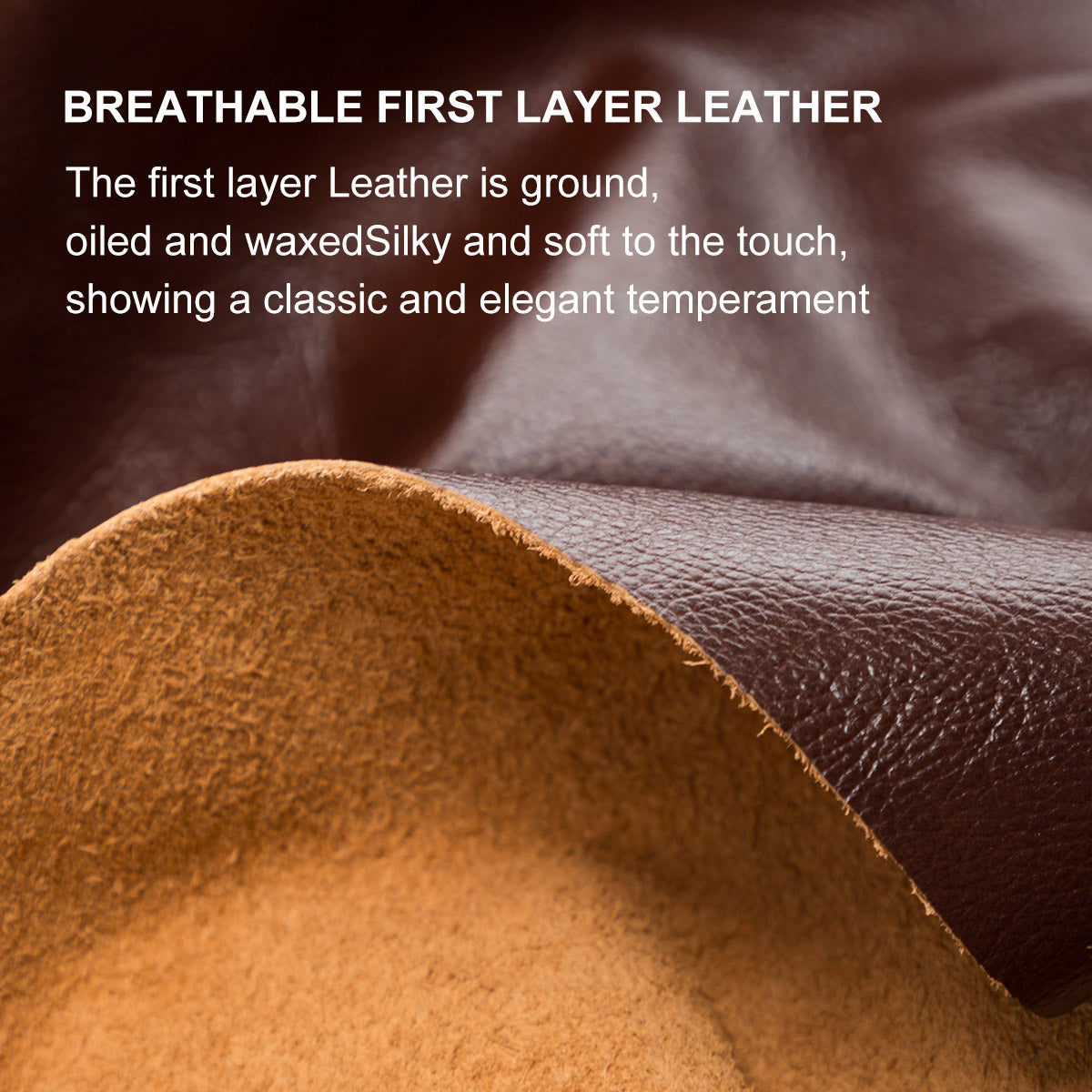 Closeup of rich brown first layer leather showing a smooth top grain and fuzzy underside