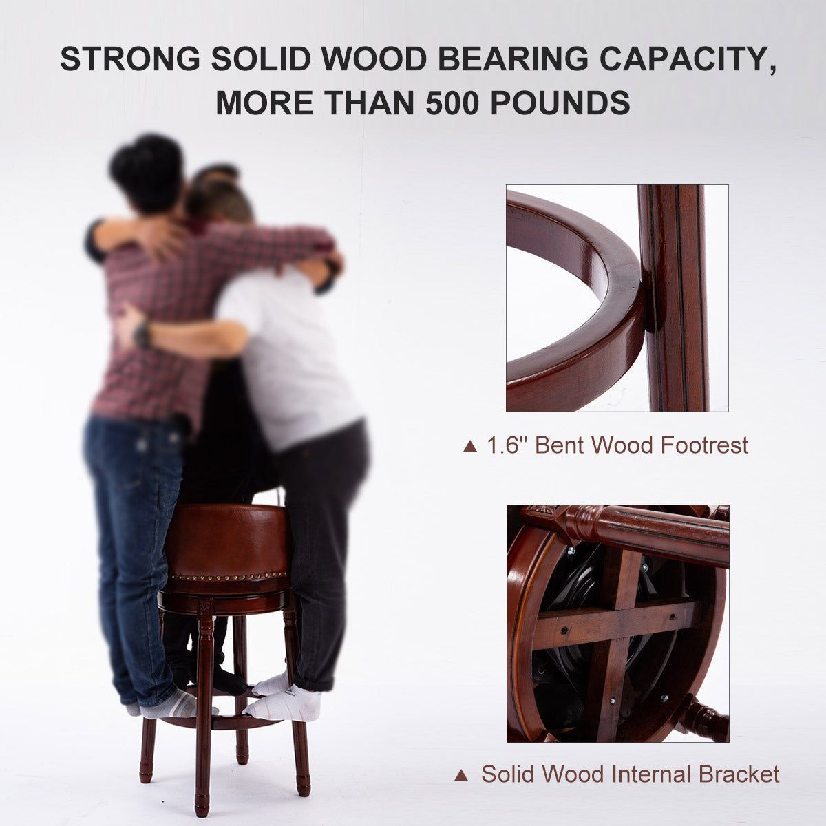 Brown leather swivel bar stool with detailed wood footrest