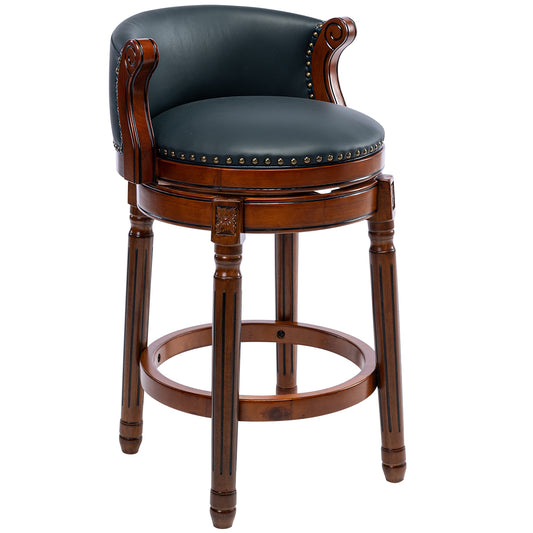 Dark blue leather swivel bar stool with mahogany wood frame and brass nailhead trim