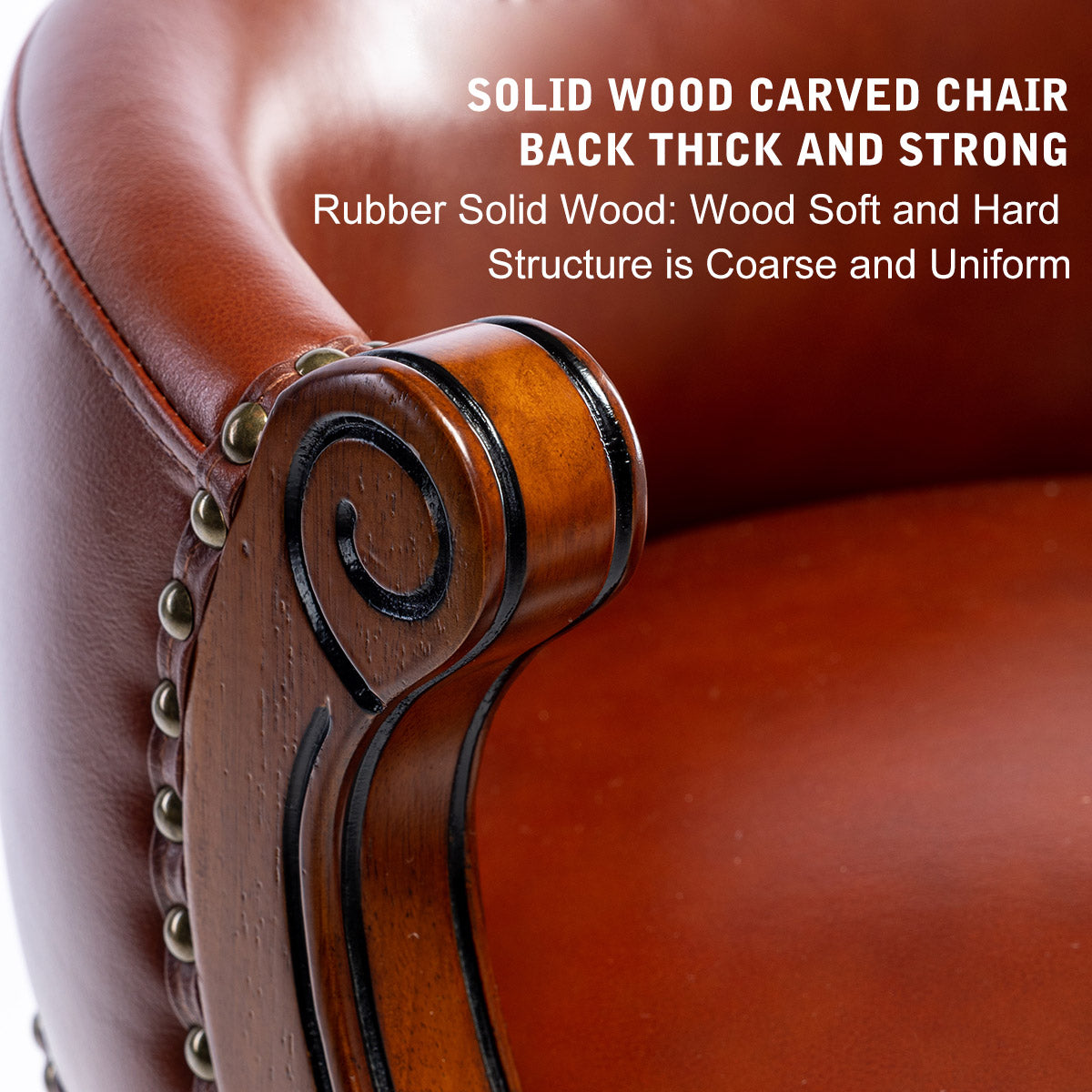Closeup of classic brown leather armchair with ornate solid wood armrest carvings