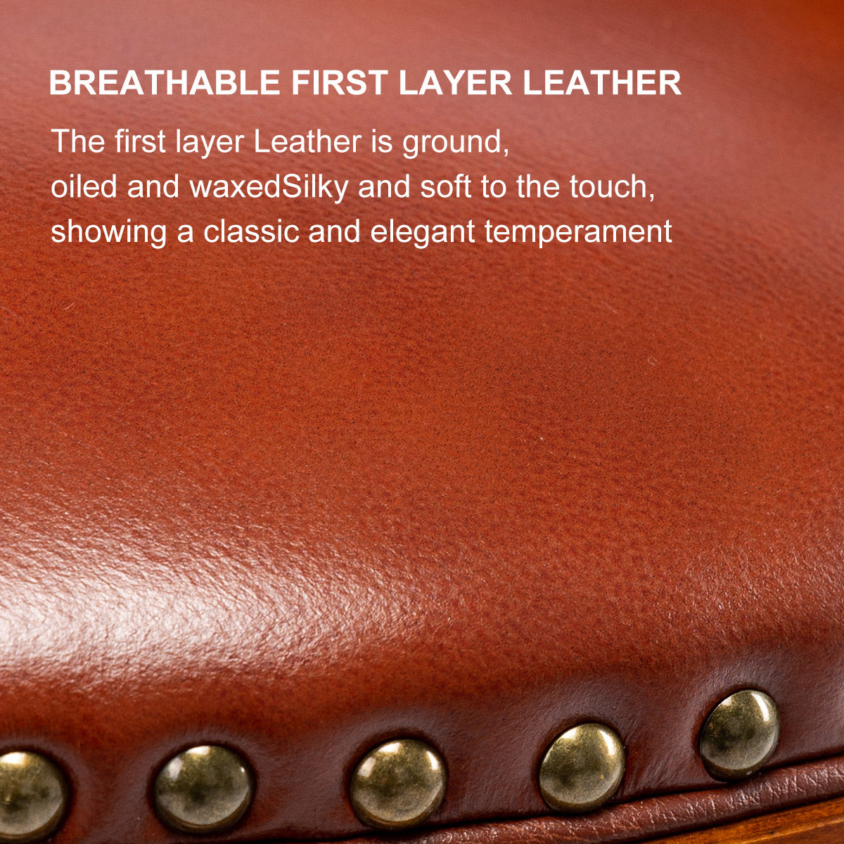 Closeup of distressed brown firstlayer leather with decorative brass studs