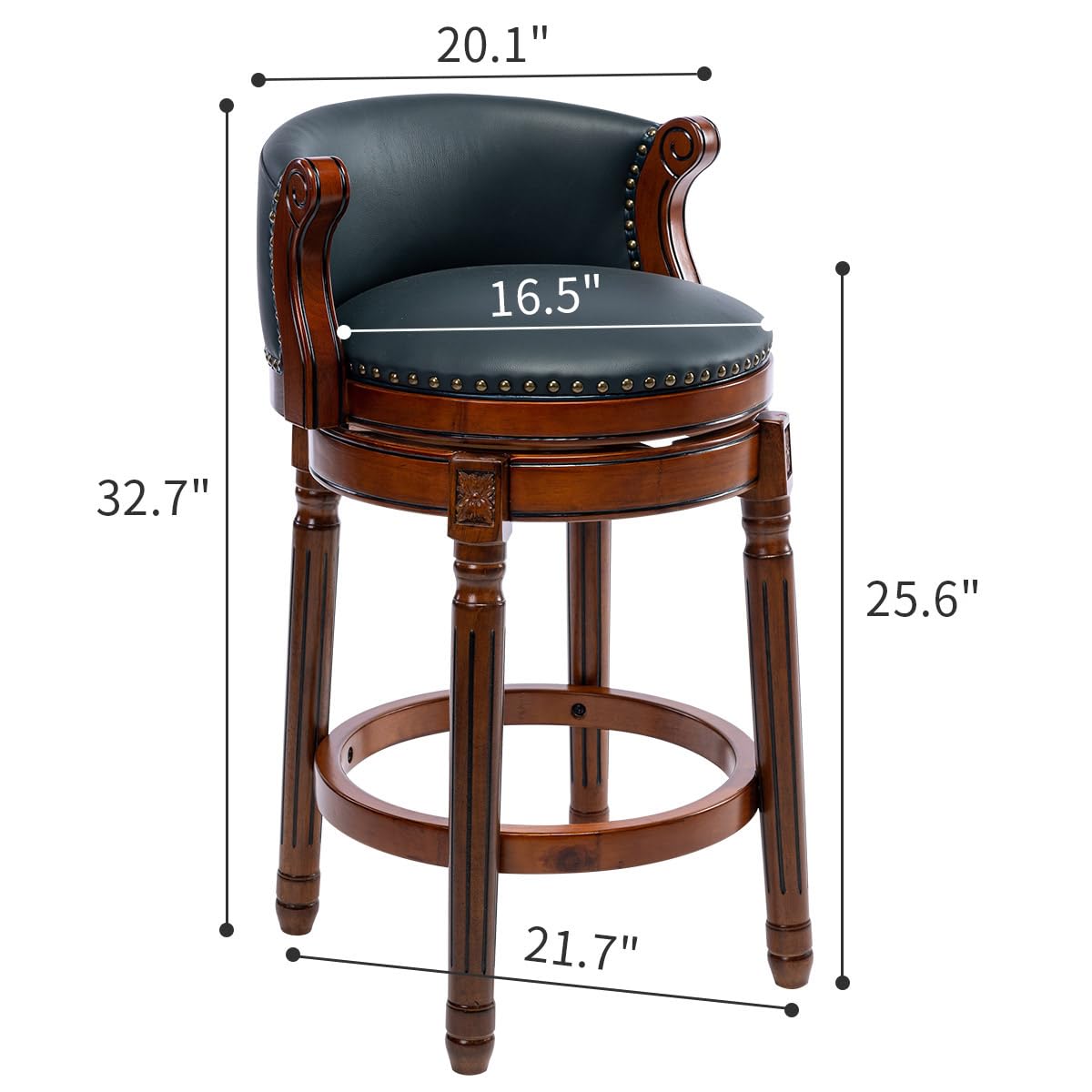 Dark blue leather swivel bar stool with ornate wooden base and brass nailhead trim