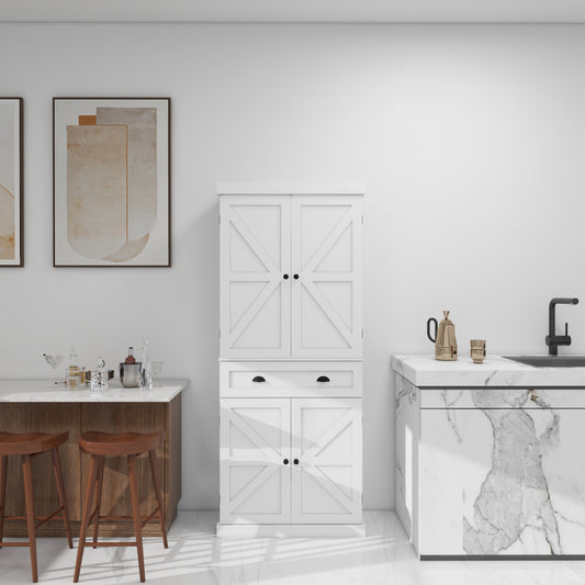 White farmhouse pantry cabinet with double Xpaneled doors